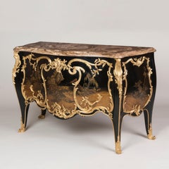 French 19th Century Ormolu & Lacquered Bombé Commode with Onyx Marble Top