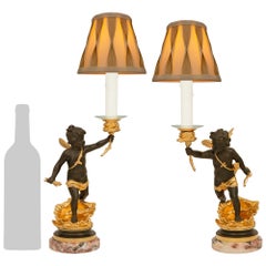 French 19th century Ormolu, marble and bronze lamps, signed Anfrie