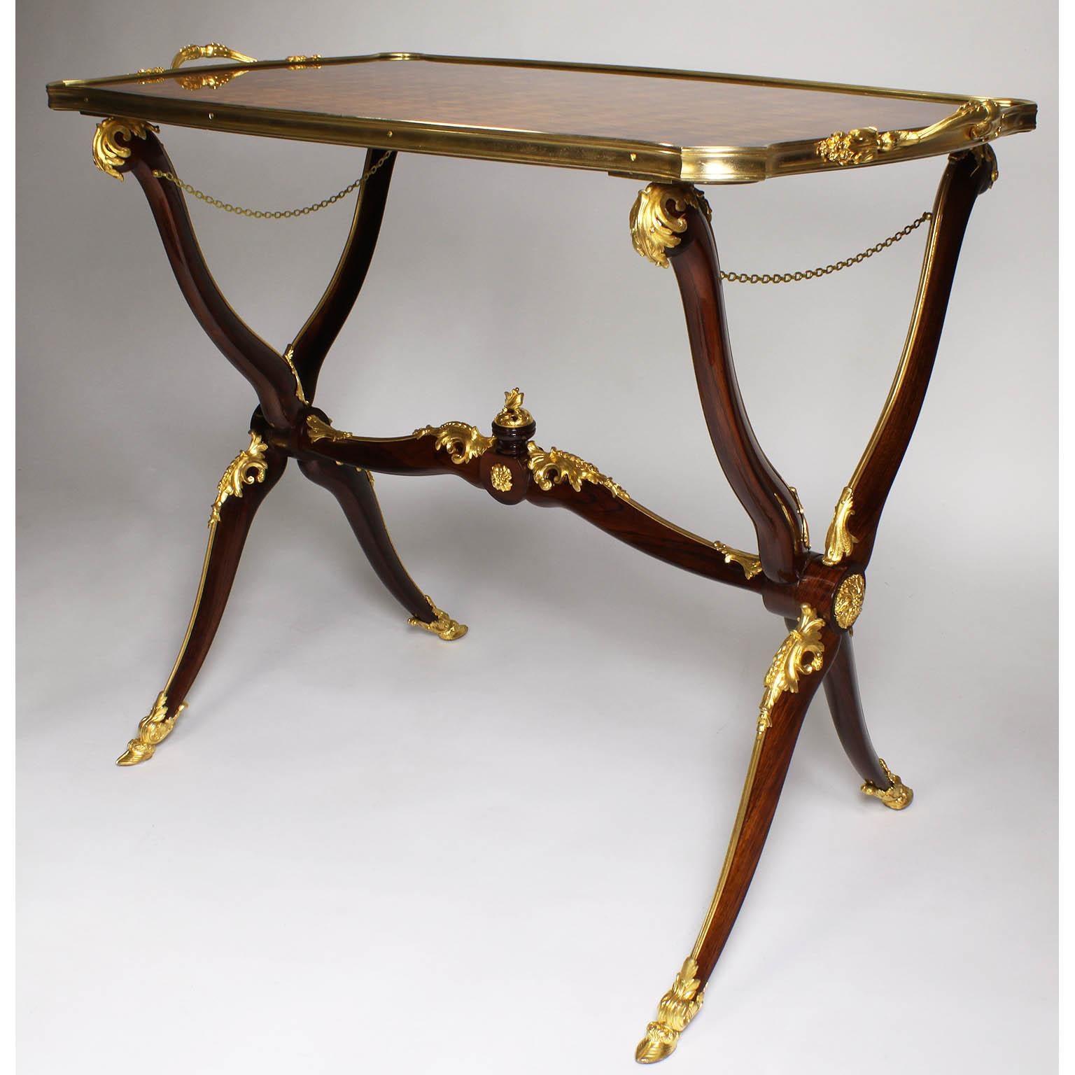 A very fine French 19th century ormolu (Gilt-Bronze) mounted Kingwood and basket woven parquetry folding tea-serving centre tray table étagère by François Linke (1855-1946) - Index number 121. The removable étagère inlaid tray-top with a basket