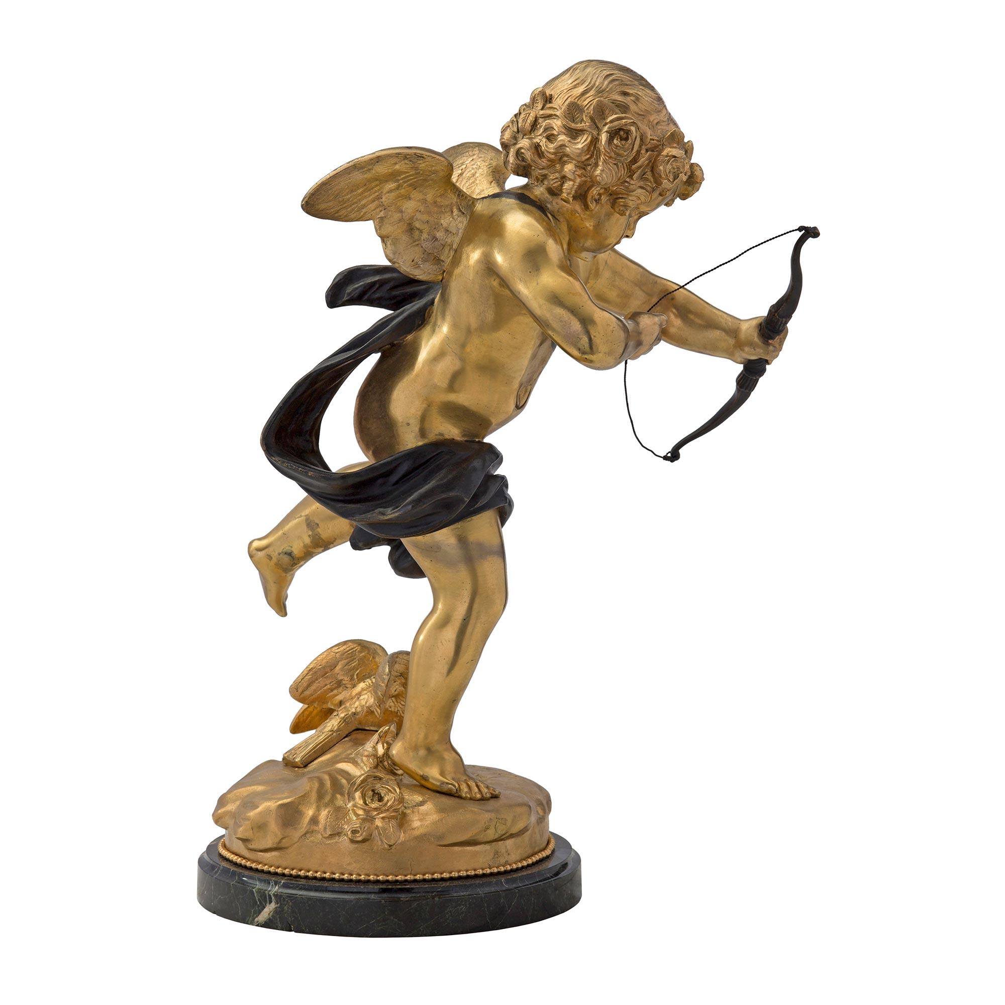 French 19th Century Ormolu, Patinated Bronze and Marble Statue, Signed Houdon In Good Condition For Sale In West Palm Beach, FL