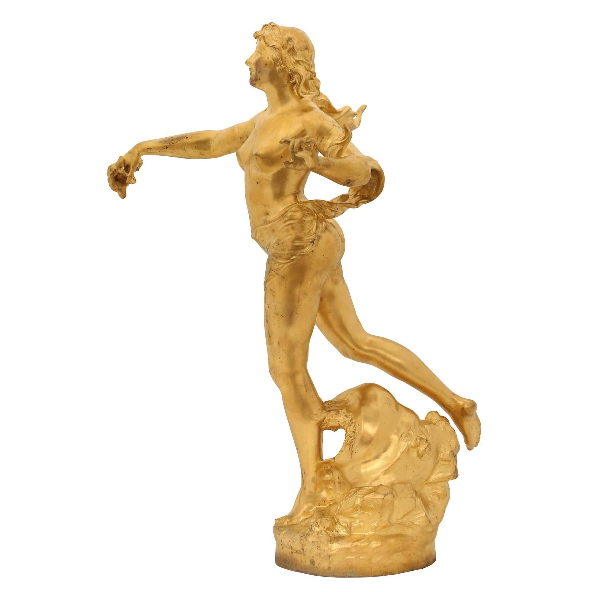 Français  Statue de Nereids en bronze doré du XIXe siècle, signée Claude-André Férigoule en vente