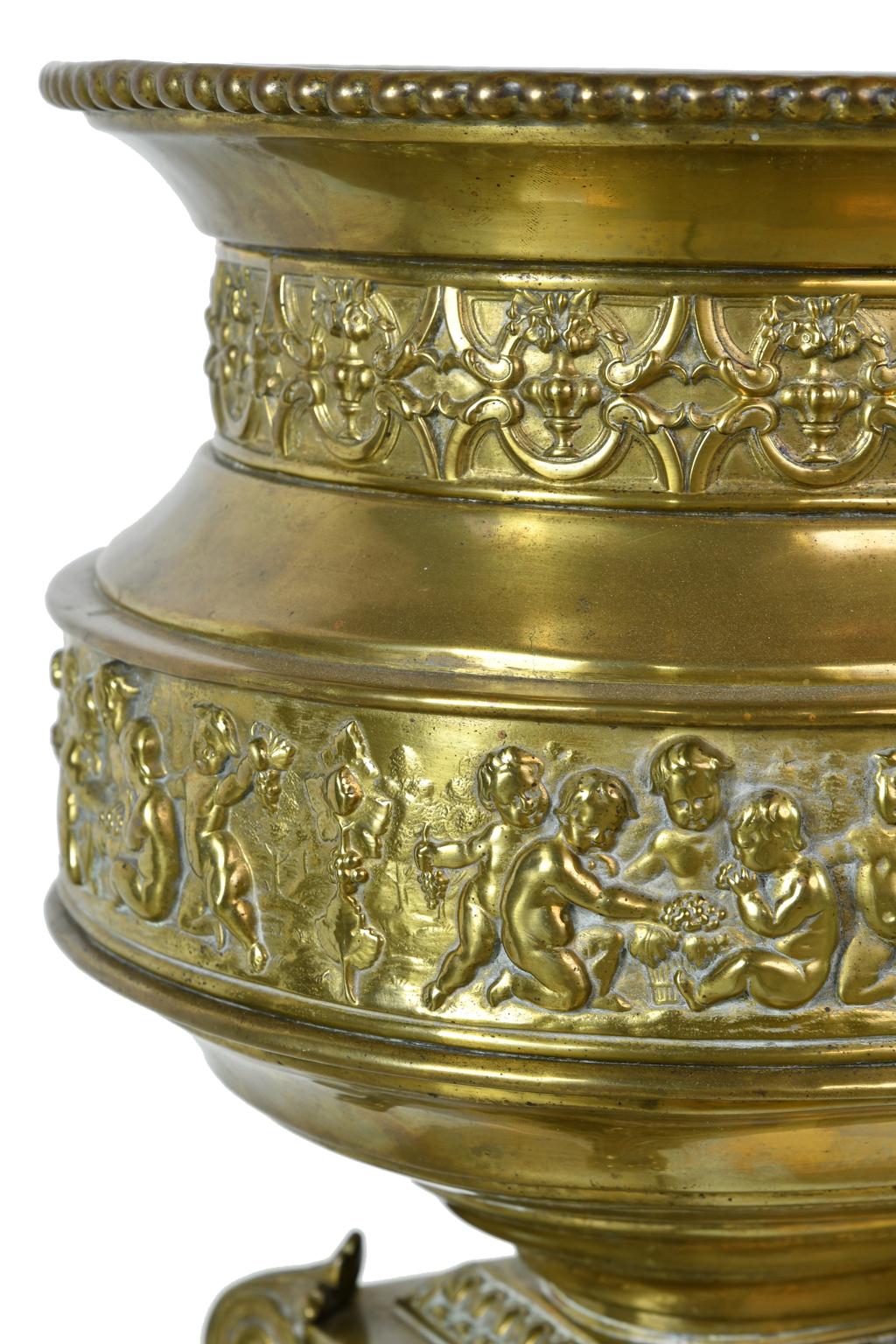 French 19th Century Oval Brass Wine Cooler or Cache Pot with Repoussé of Cherubs 5