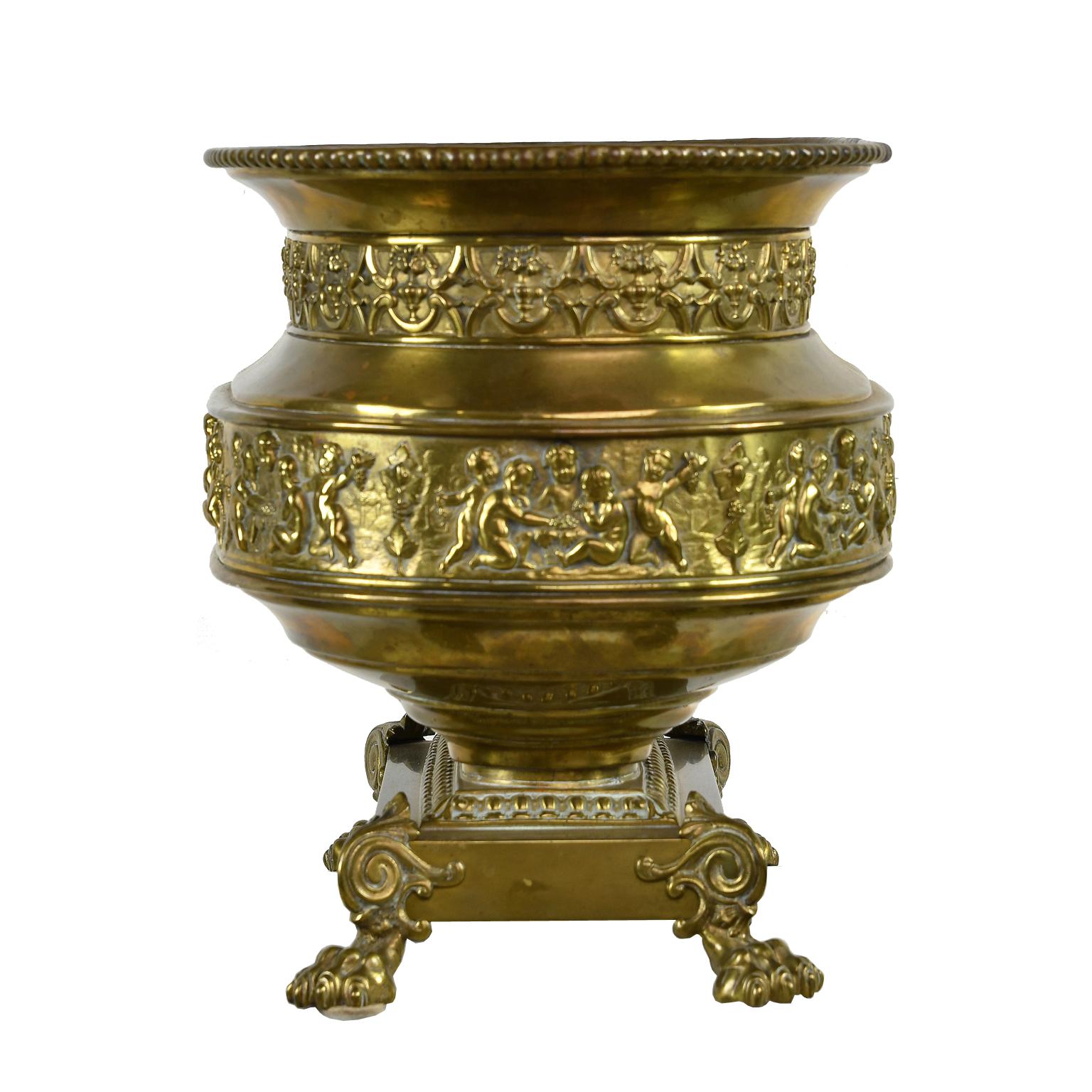 Zinc French 19th Century Oval Brass Wine Cooler or Cache Pot with Repoussé of Cherubs