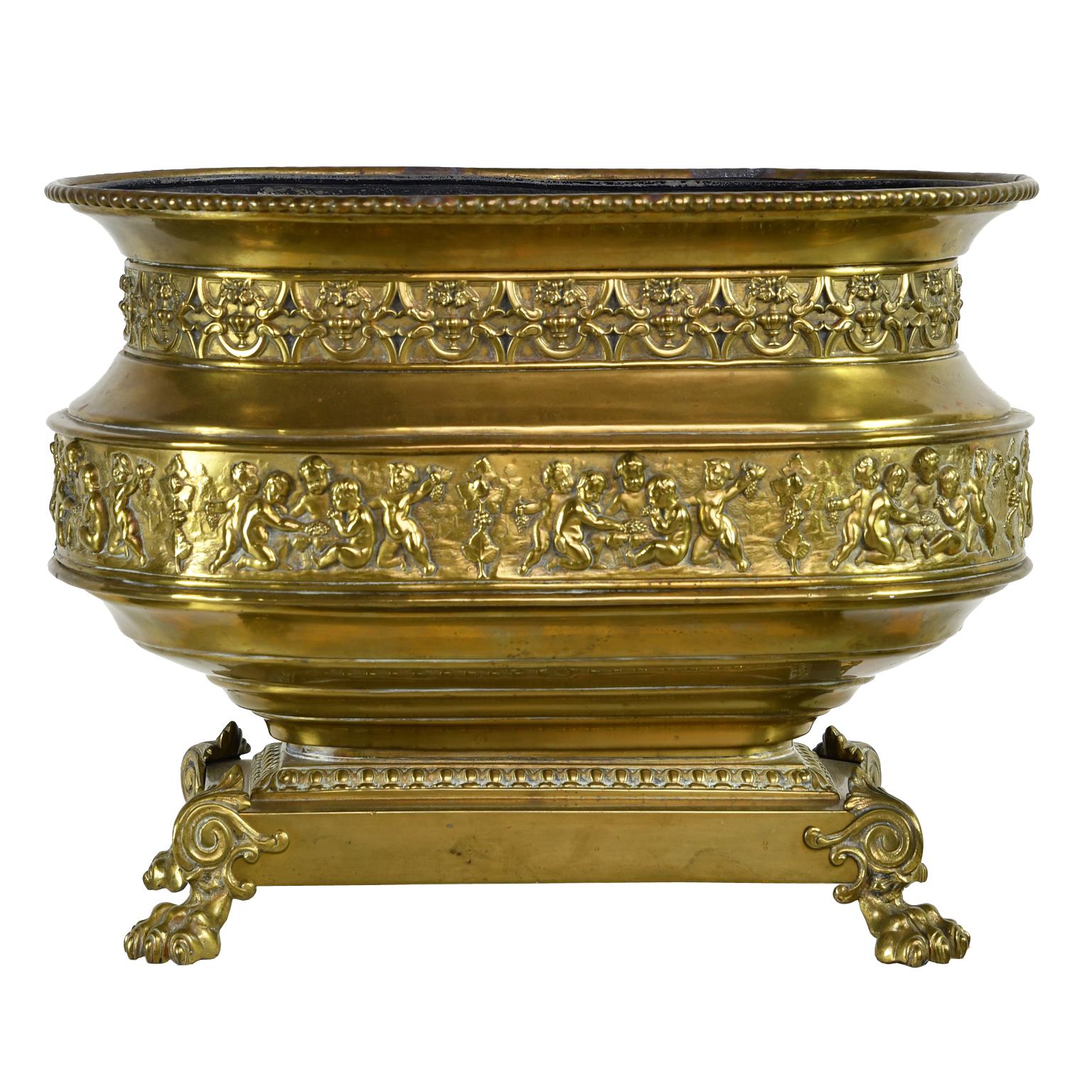 French 19th Century Oval Brass Wine Cooler or Cache Pot with Repoussé of Cherubs 1
