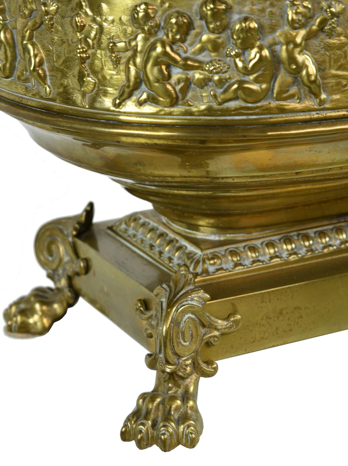 French 19th Century Oval Brass Wine Cooler or Cache Pot with Repoussé of Cherubs 4