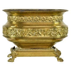 French 19th Century Oval Brass Wine Cooler or Cache Pot with Repoussé of Cherubs