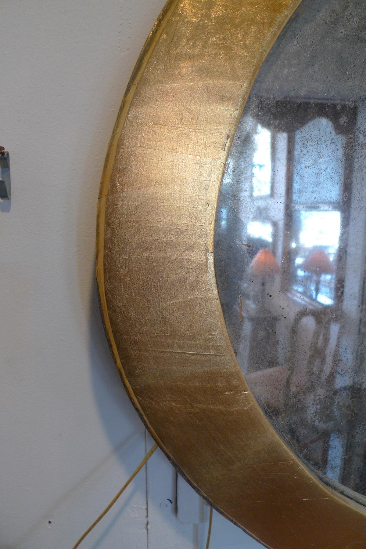 Hand-Painted French 19th Century Oval Gold Painted Oval Wood Framed Mirror and Original Glass