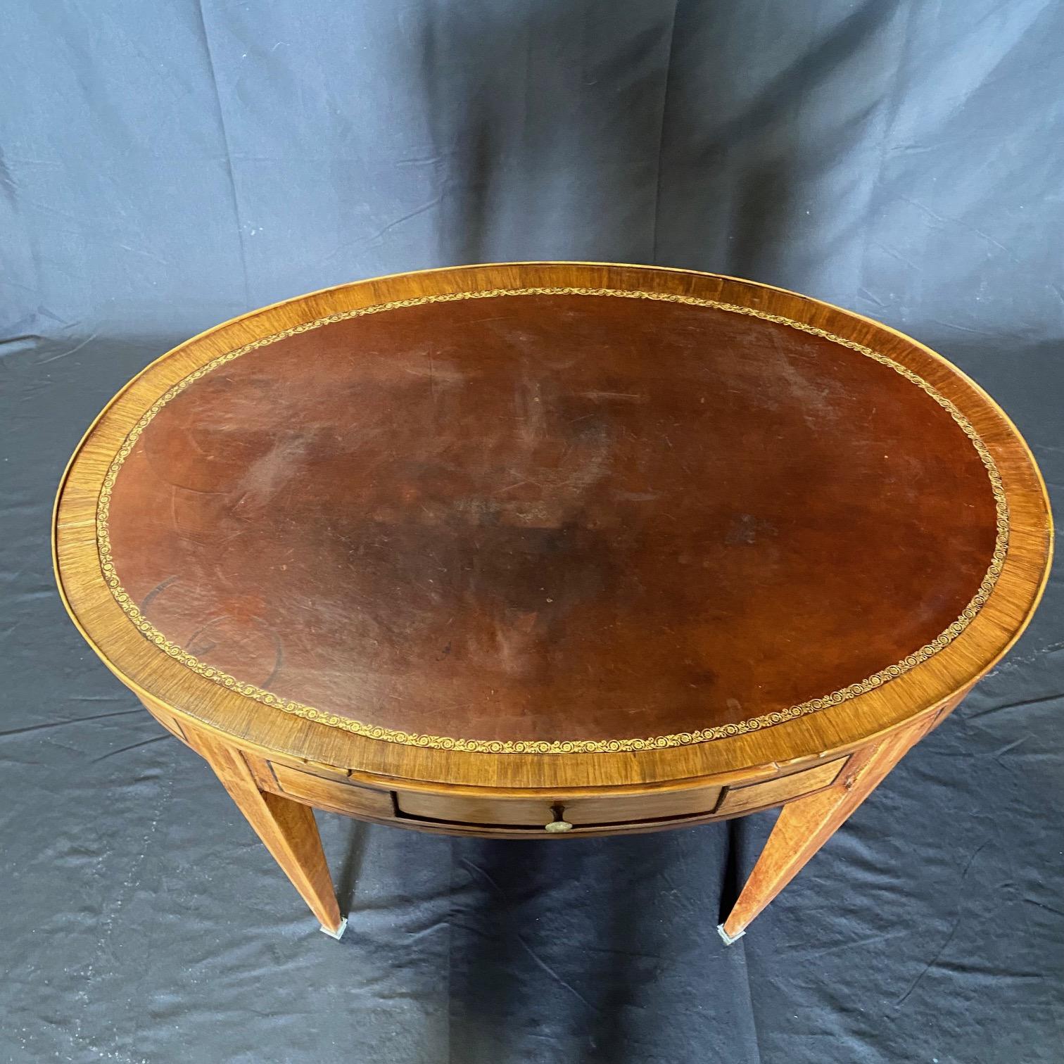 Kingwood French 19th Century Oval Side Table or Desk with Embossed Leather Top