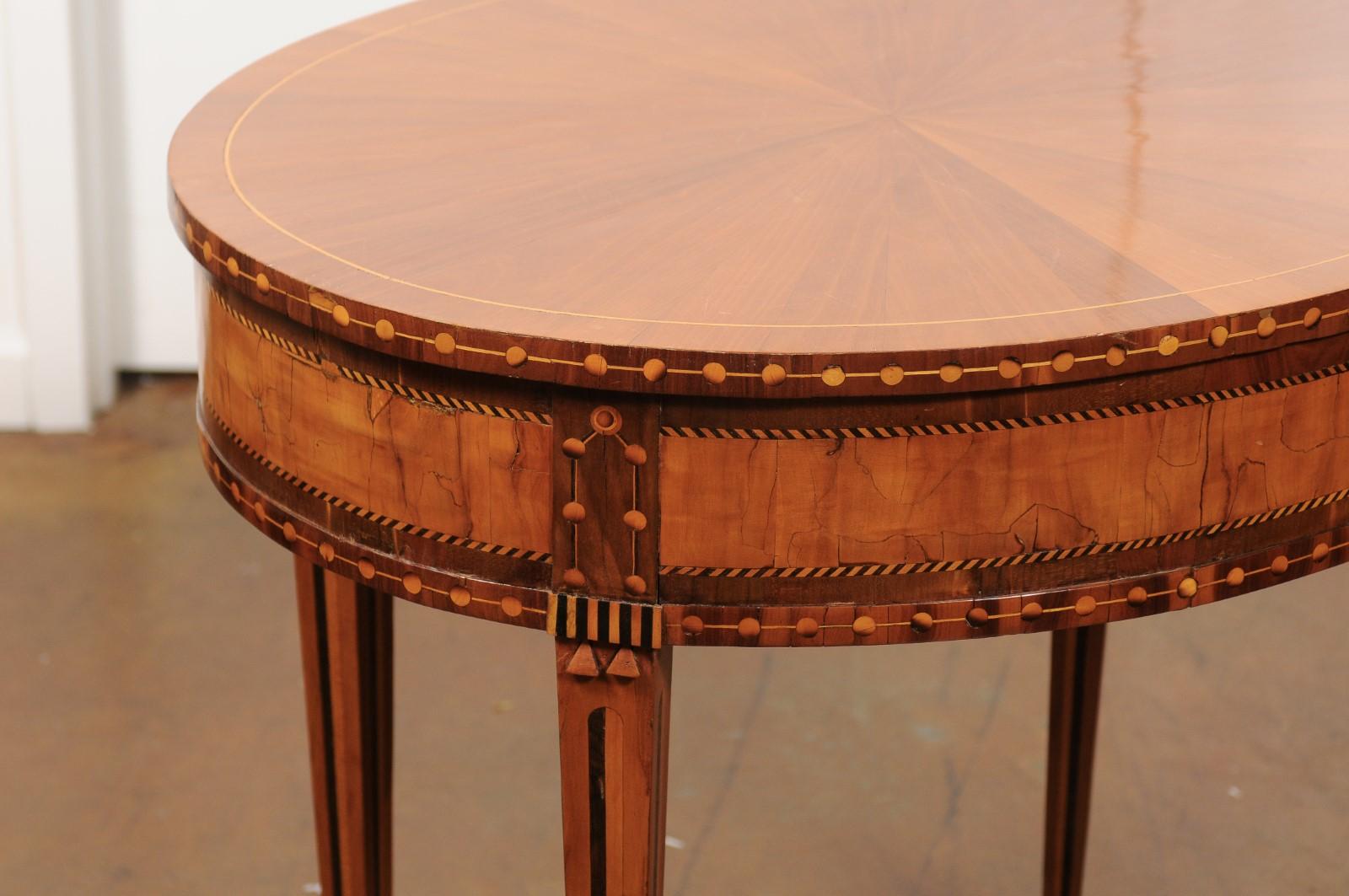 French 19th Century Oval Walnut and Satinwood Inlaid Table with Radiating Veneer (Intarsie)