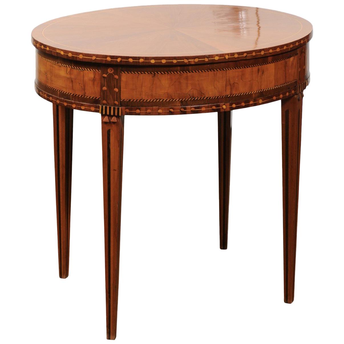 French 19th Century Oval Walnut and Satinwood Inlaid Table with Radiating Veneer