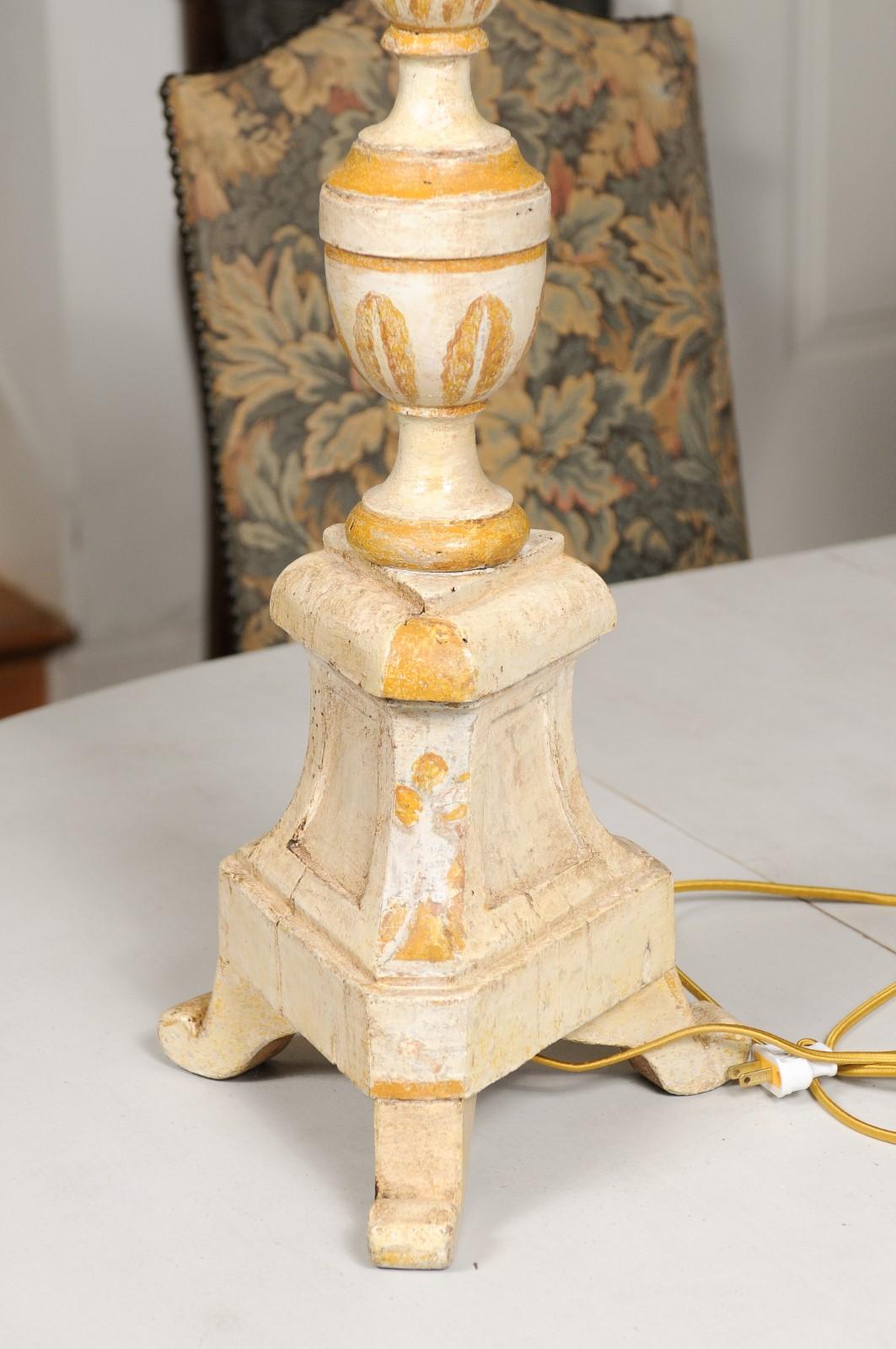 French 19th Century Painted and Carved Candlestick Mounted as a Table Lamp 6