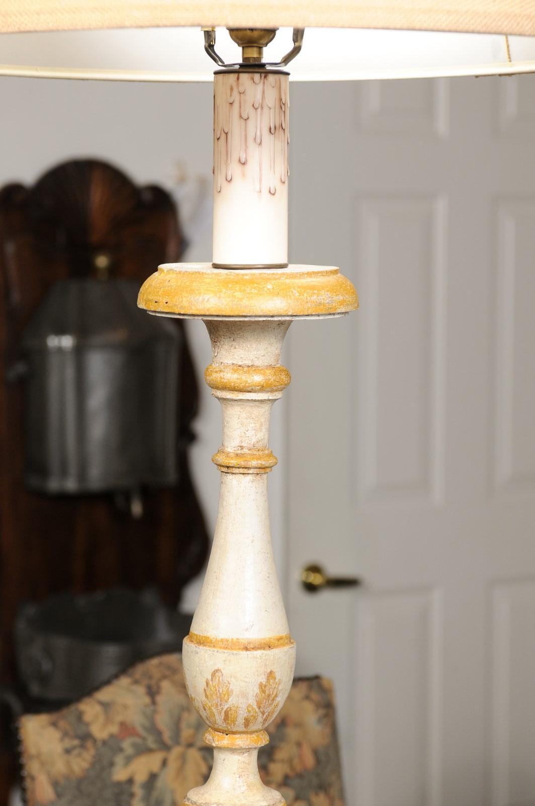 French 19th Century Painted and Carved Candlestick Mounted as a Table Lamp 7