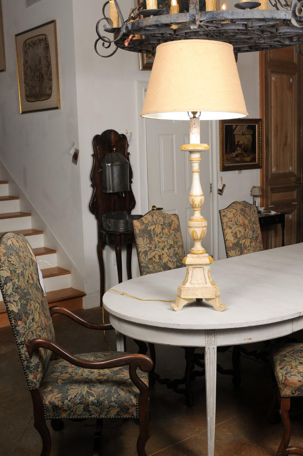 French 19th Century Painted and Carved Candlestick Mounted as a Table Lamp In Good Condition In Atlanta, GA
