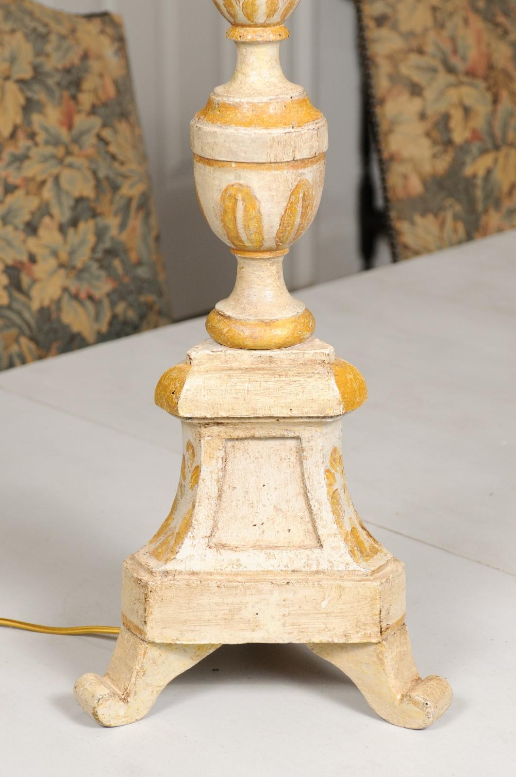 Wood French 19th Century Painted and Carved Candlestick Mounted as a Table Lamp