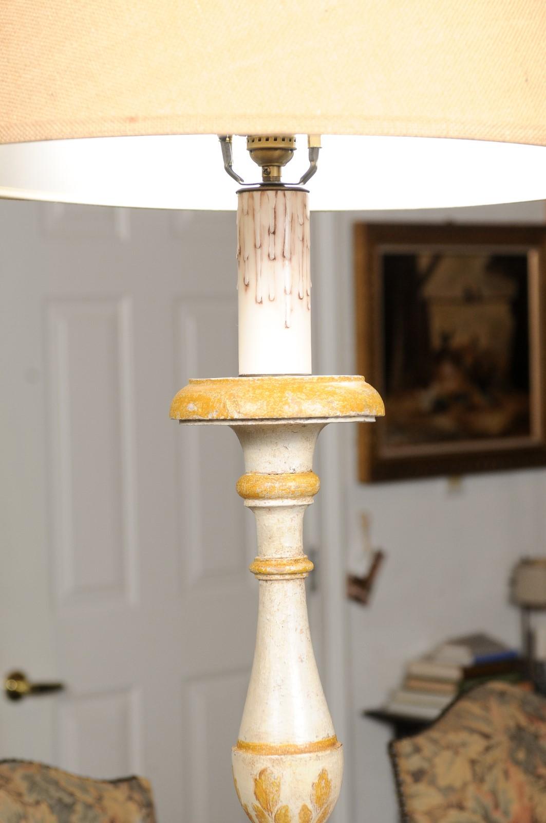 French 19th Century Painted and Carved Candlestick Mounted as a Table Lamp 1