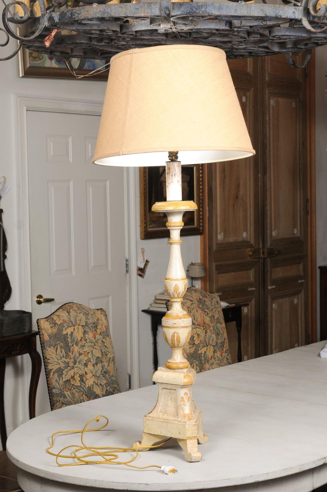 French 19th Century Painted and Carved Candlestick Mounted as a Table Lamp 3