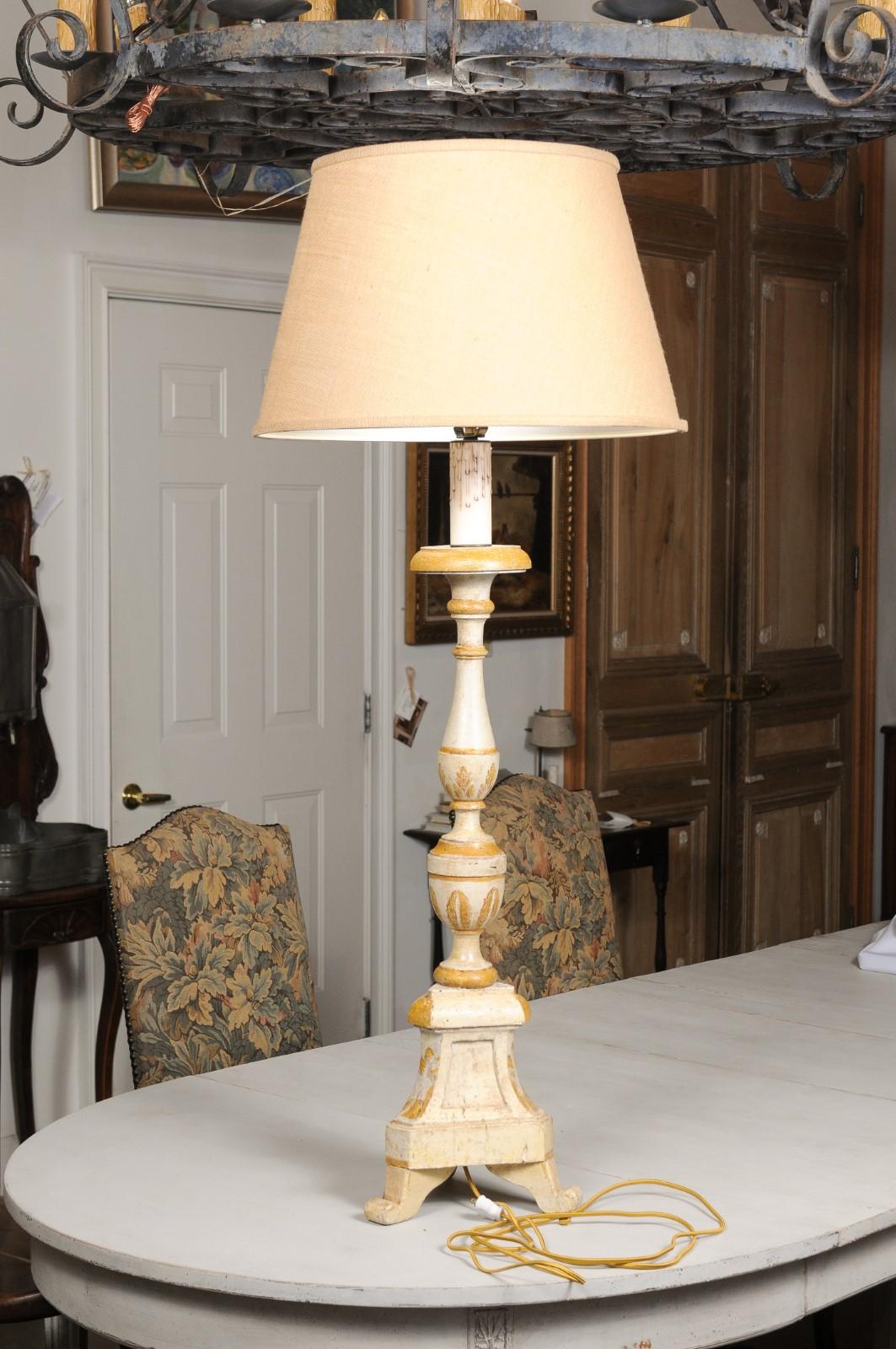 French 19th Century Painted and Carved Candlestick Mounted as a Table Lamp 4