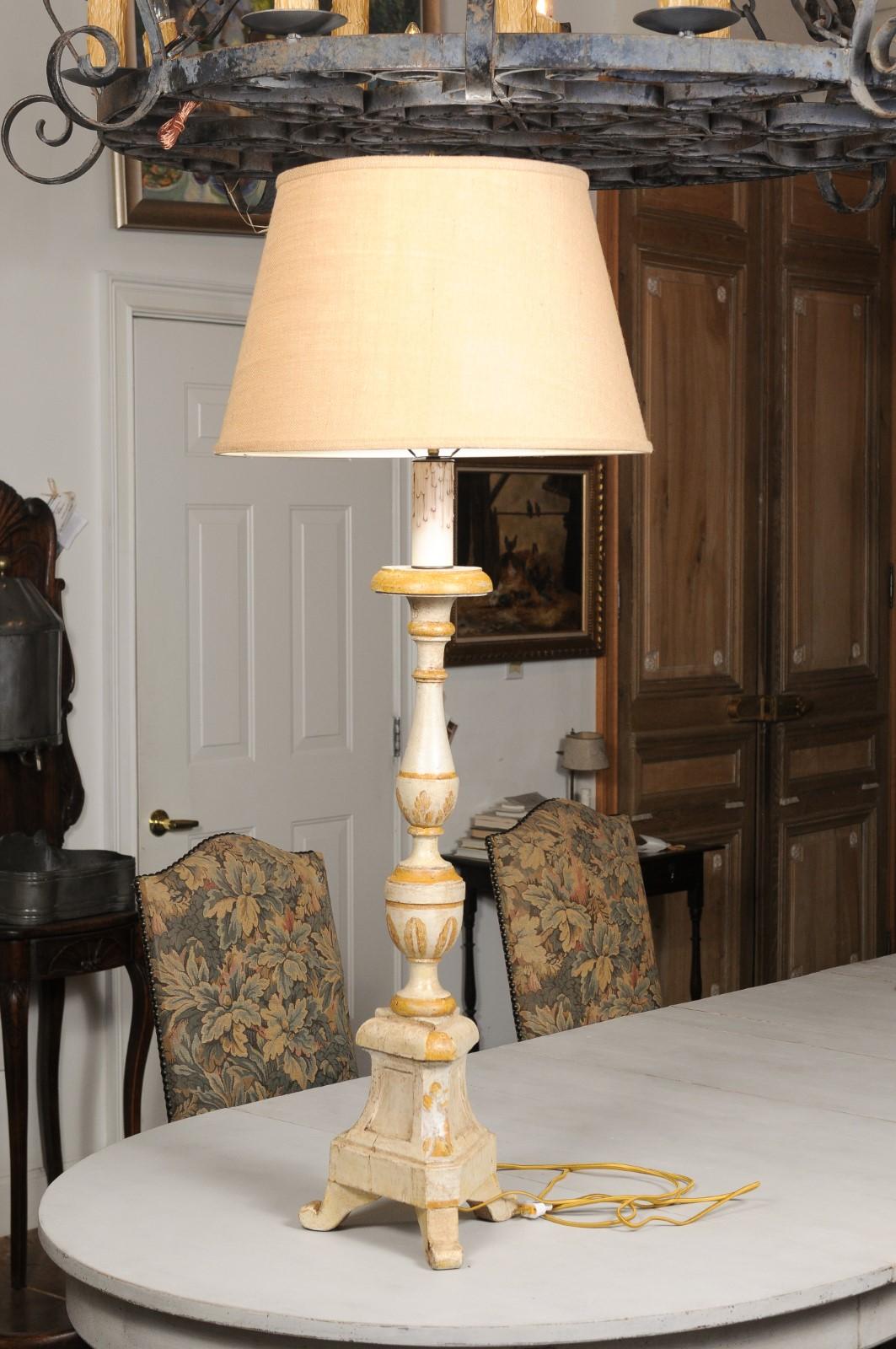 French 19th Century Painted and Carved Candlestick Mounted as a Table Lamp 5