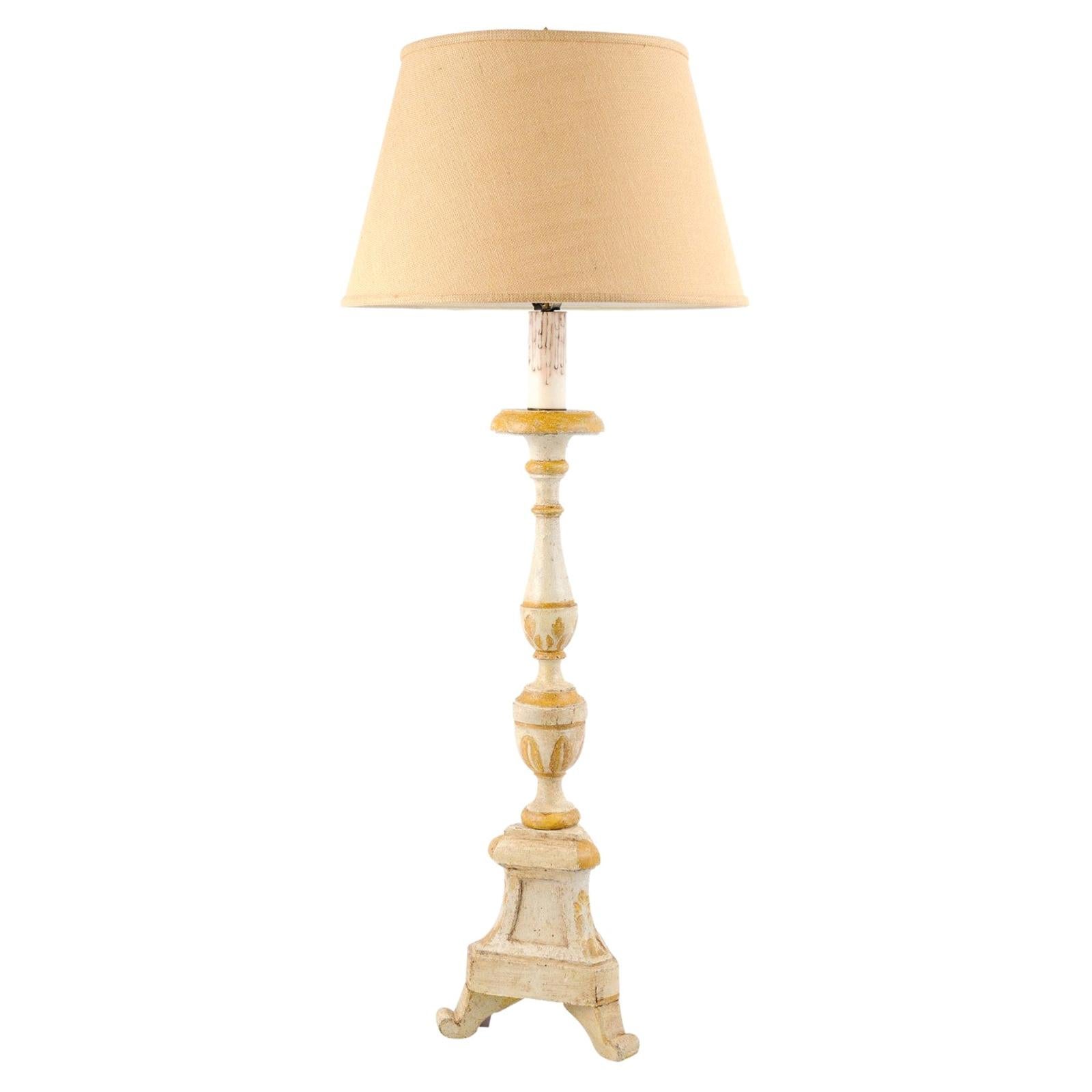 French 19th Century Painted and Carved Candlestick Mounted as a Table Lamp