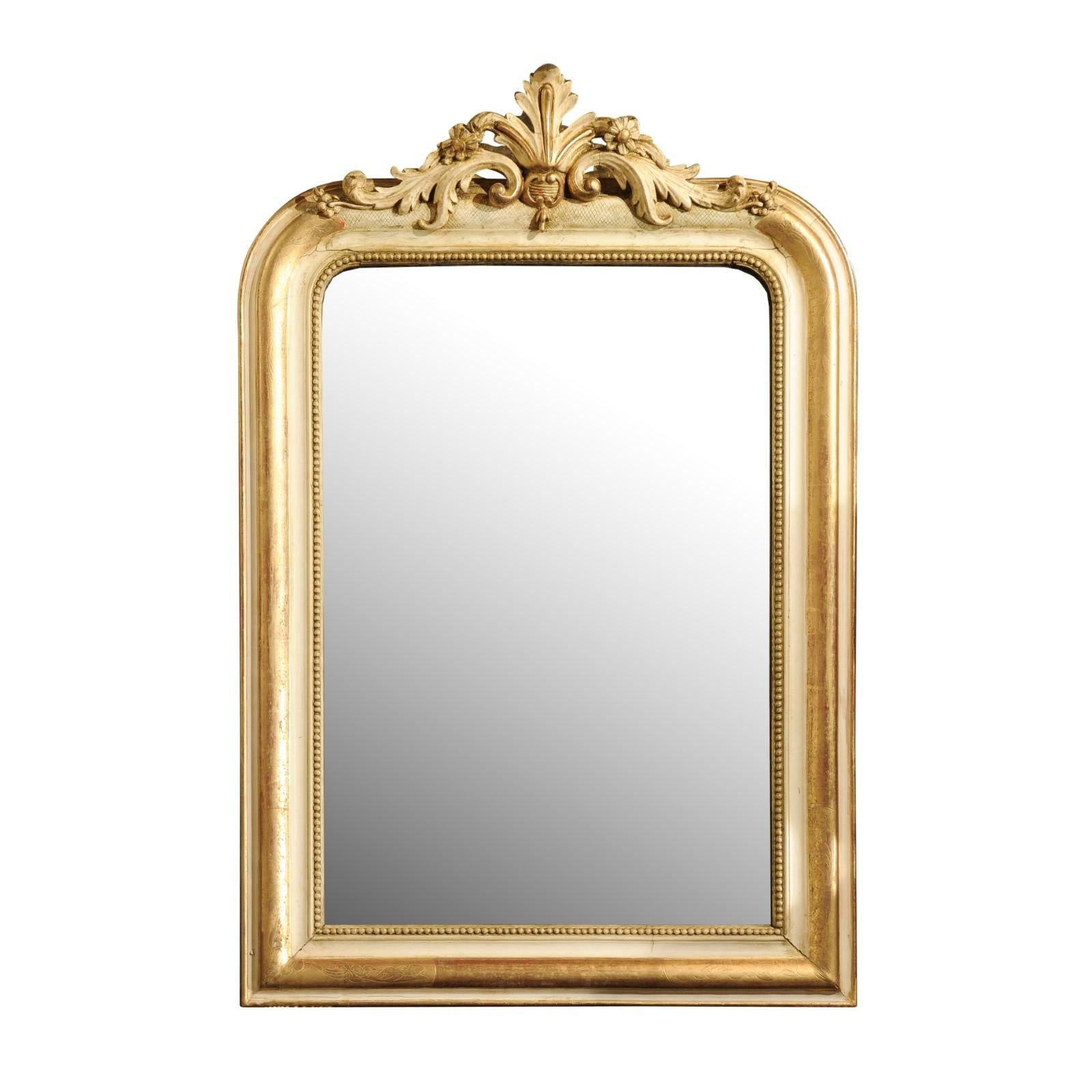French 19th Century Painted and Parcel-Gilt Mirror with Acanthus Carved Crest