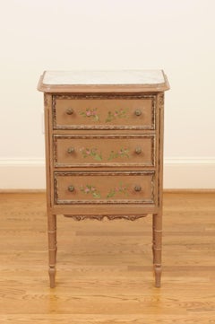 French 19th Century Painted Bedside Table with Floral Decor and Marble Top Inset