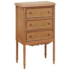 French 19th Century Painted Bedside Table with Floral Decor and Marble Top Inset