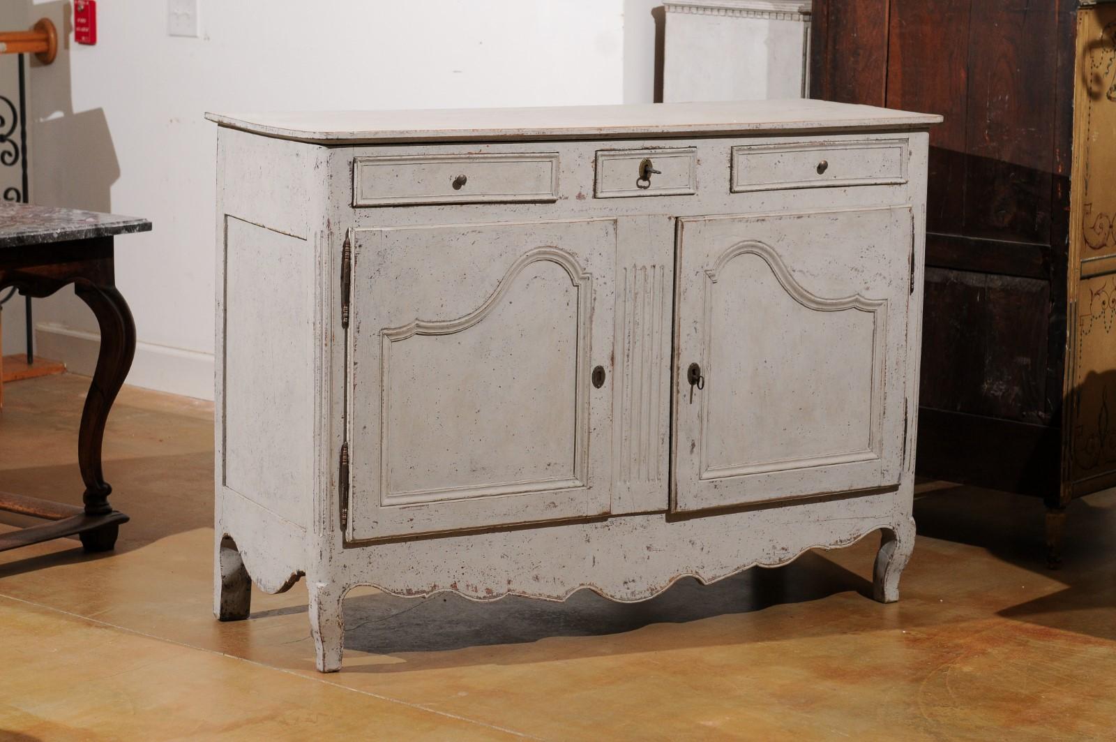 Wood French 19th Century Painted Buffet with Drawers, Doors and Distressed Finish For Sale