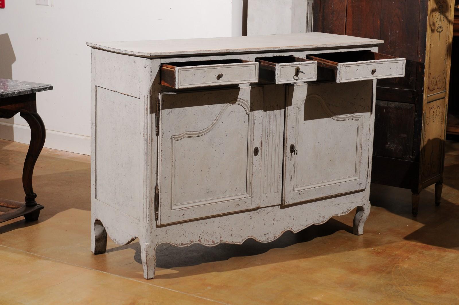 French 19th Century Painted Buffet with Drawers, Doors and Distressed Finish For Sale 1