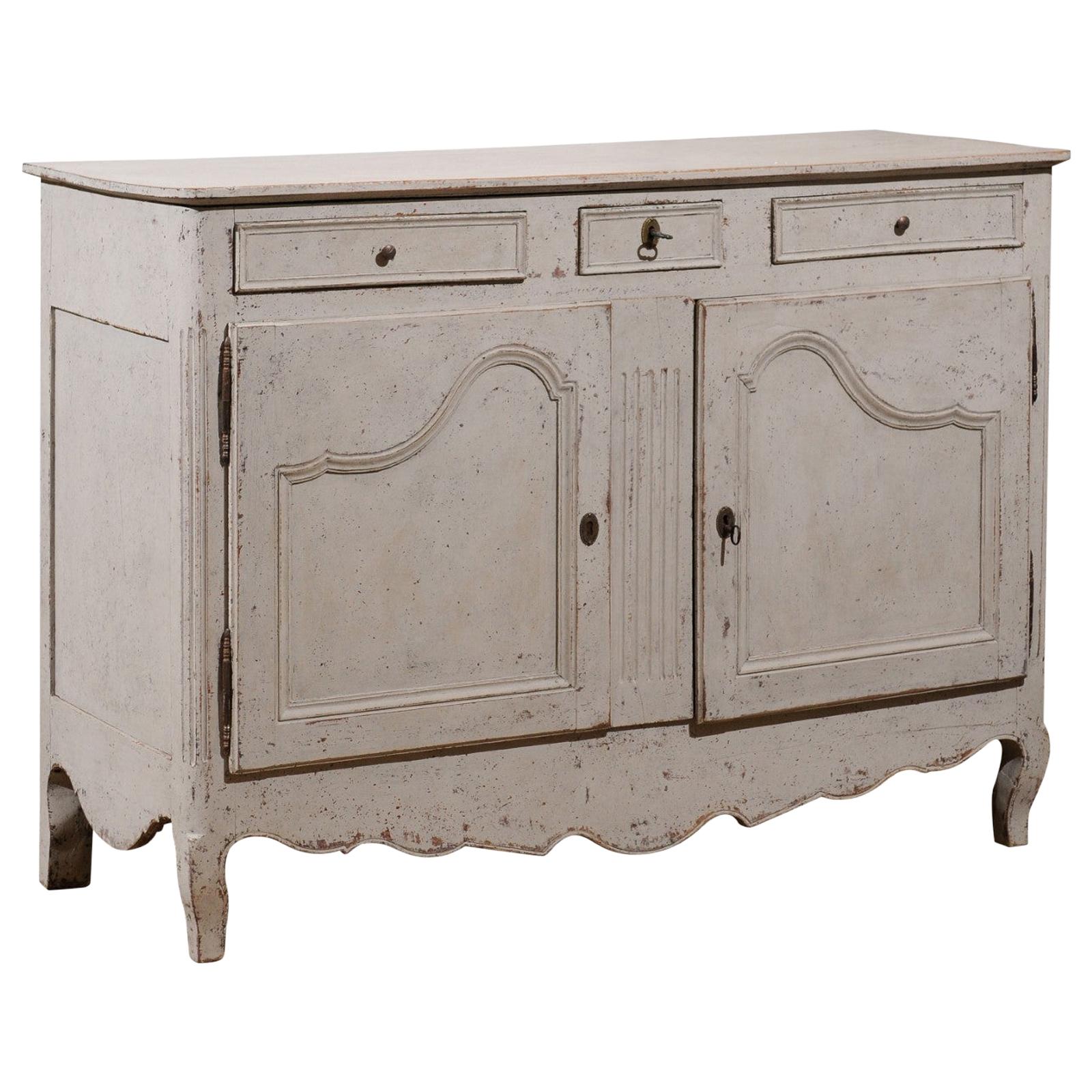 French 19th Century Painted Buffet with Drawers, Doors and Distressed Finish For Sale