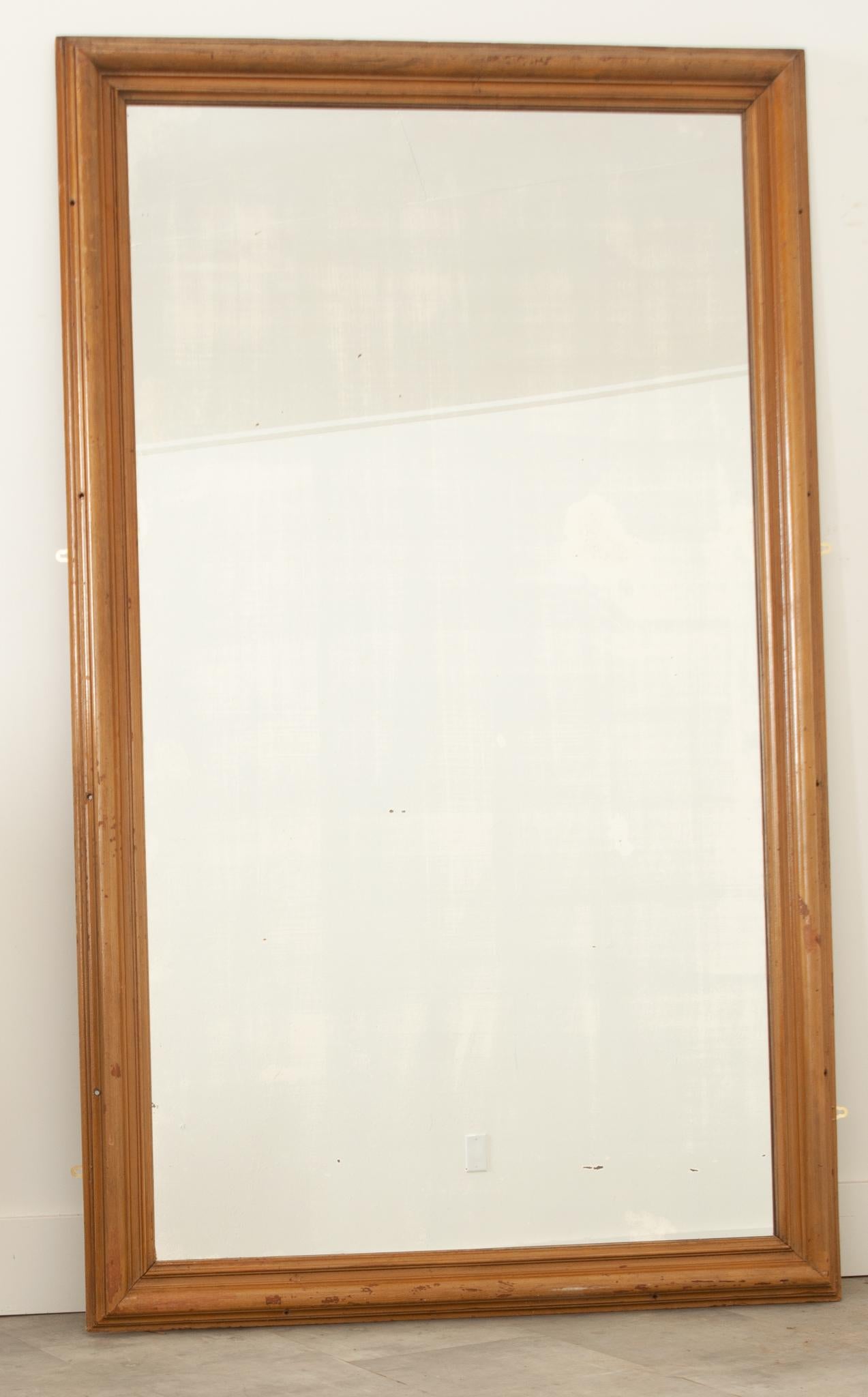 Ein massiver Spiegel, der von einem Rahmen aus Formholz mit abgenutzter Oberfläche getragen wird. Kleine, gleichmäßige Löcher am Rahmen zeigen an, wo er einst zur Unterstützung in eine Wand geschraubt wurde. Die originale Quecksilberspiegelplatte