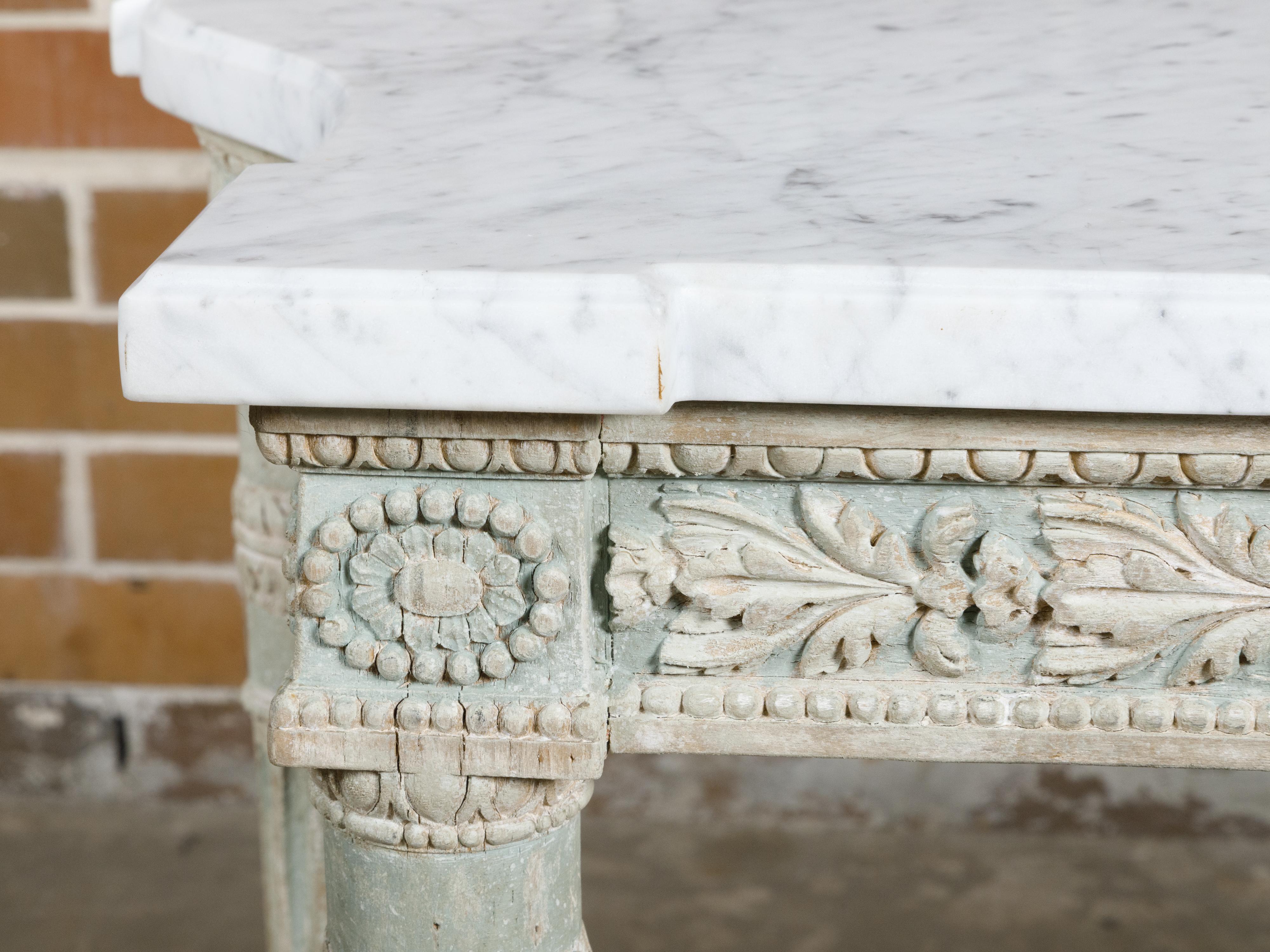 French 19th Century Painted Console Table with Carved Apron and White Marble Top For Sale 6