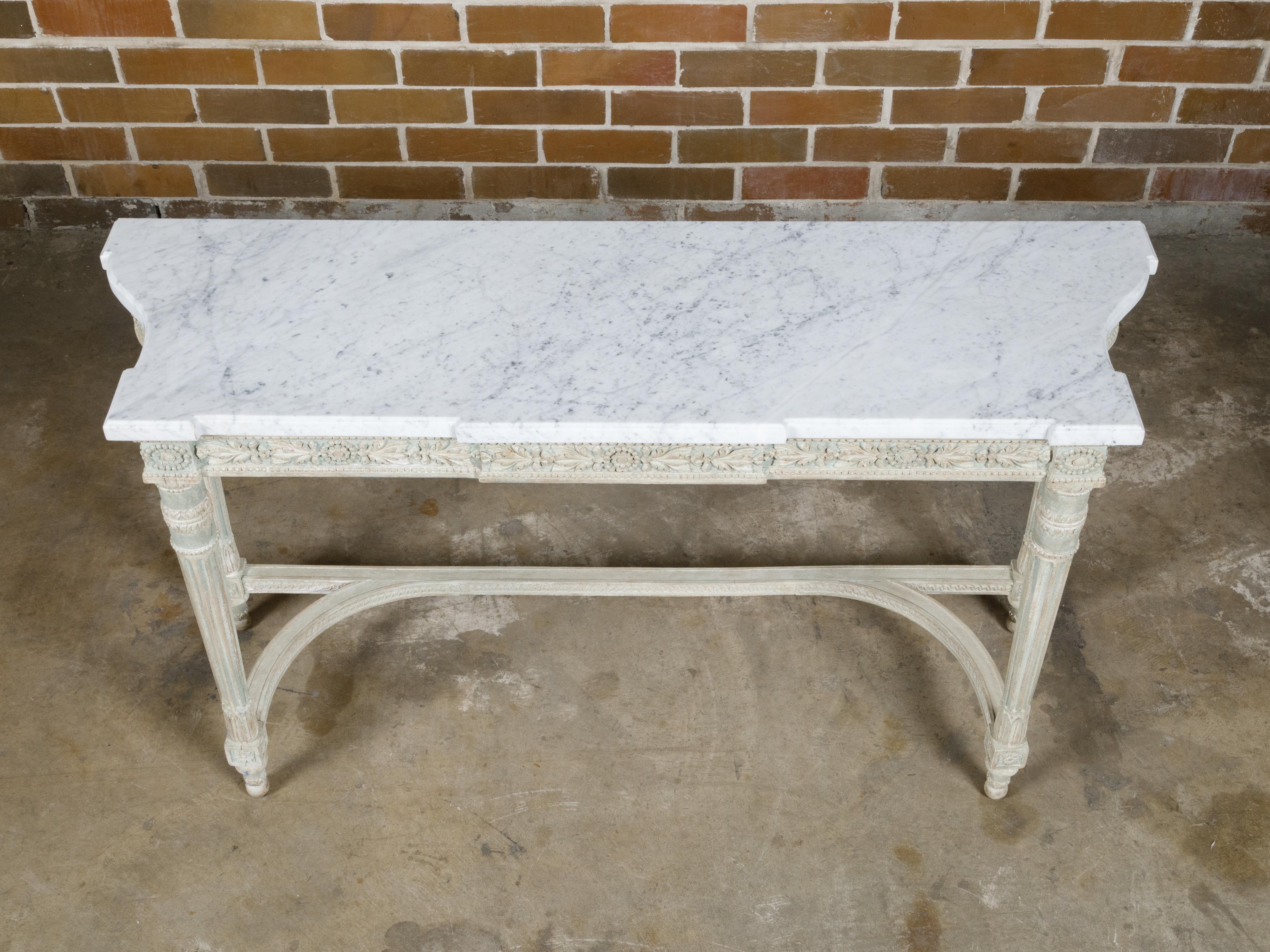 French 19th Century Painted Console Table with Carved Apron and White Marble Top For Sale 7