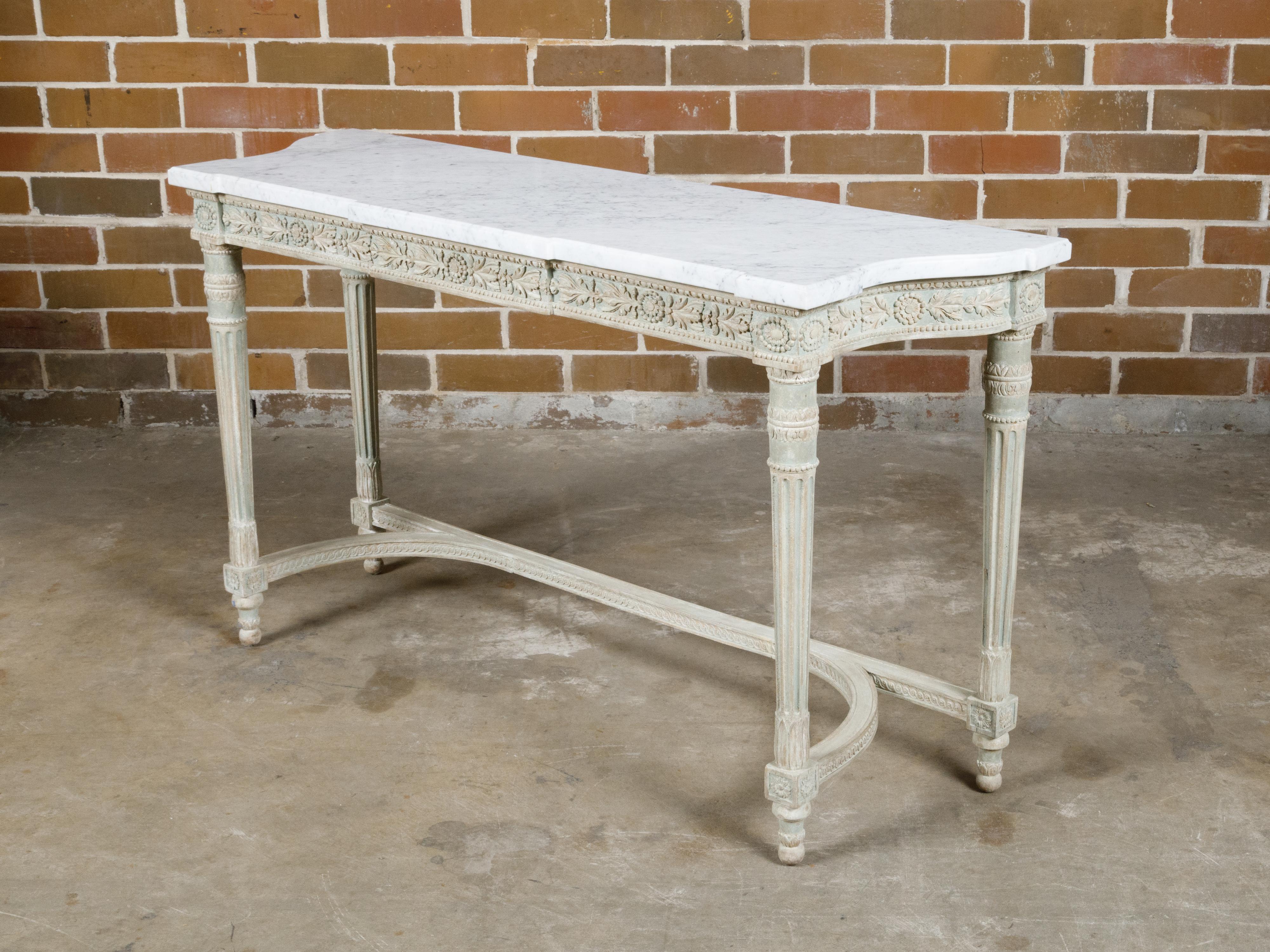 French 19th Century Painted Console Table with Carved Apron and White Marble Top For Sale 8
