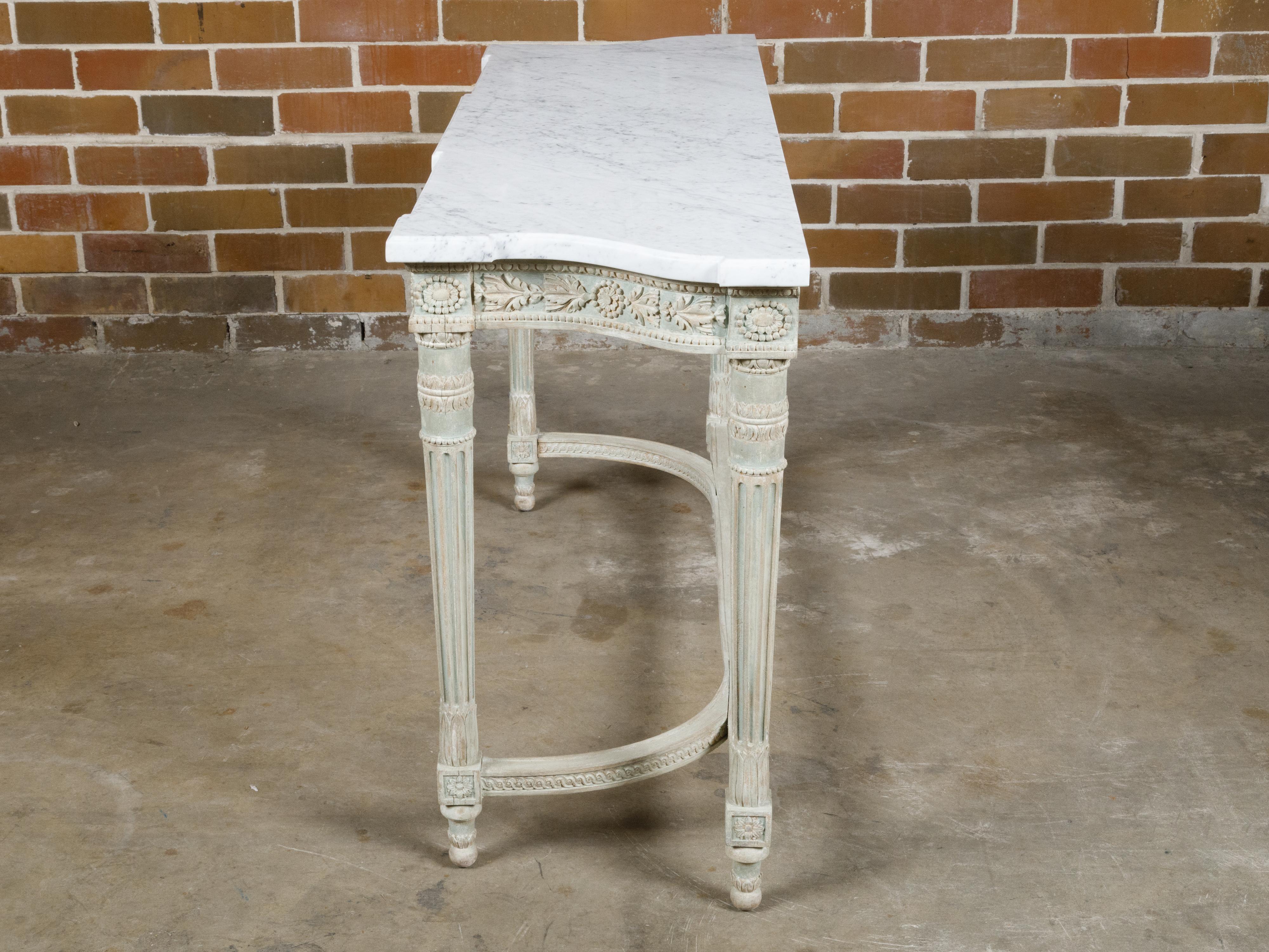 French 19th Century Painted Console Table with Carved Apron and White Marble Top For Sale 9