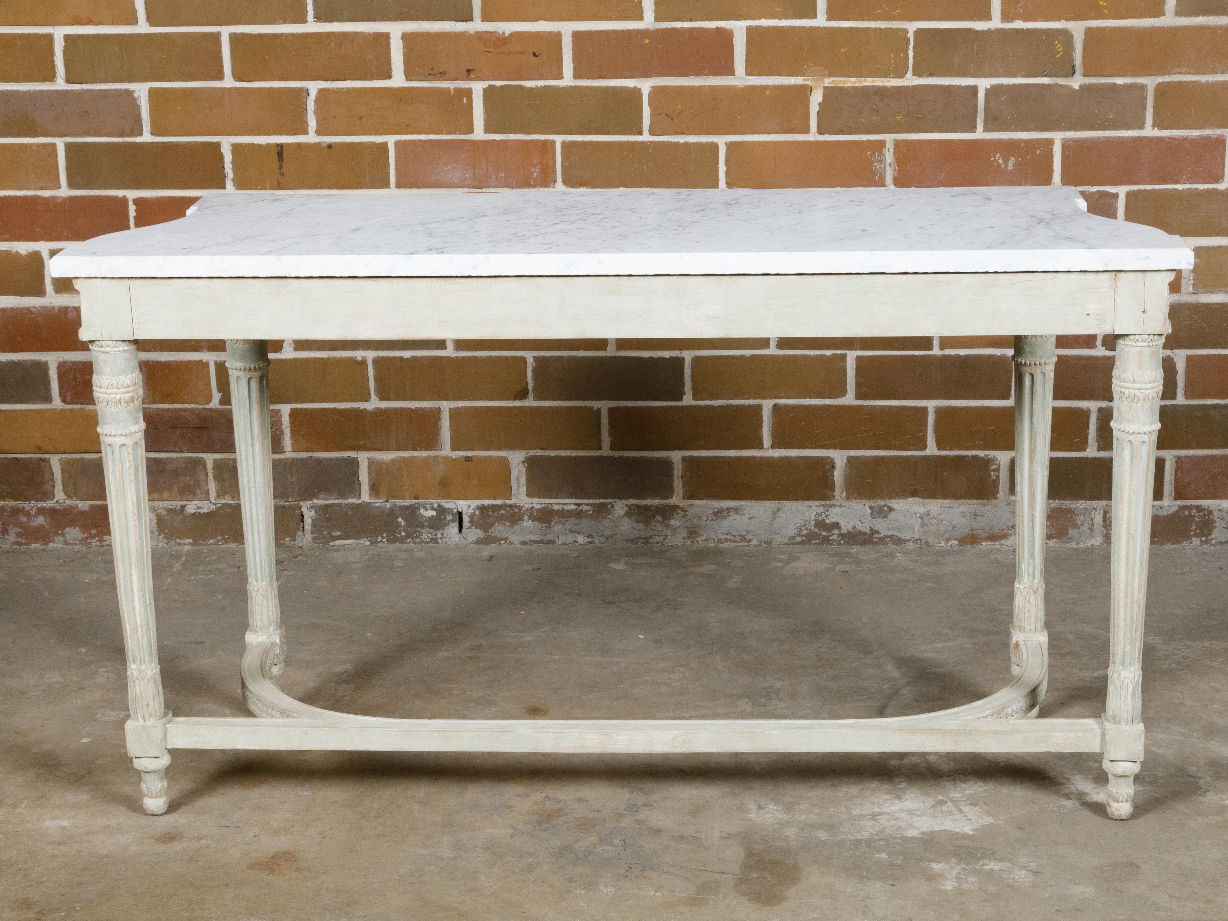 French 19th Century Painted Console Table with Carved Apron and White Marble Top For Sale 10