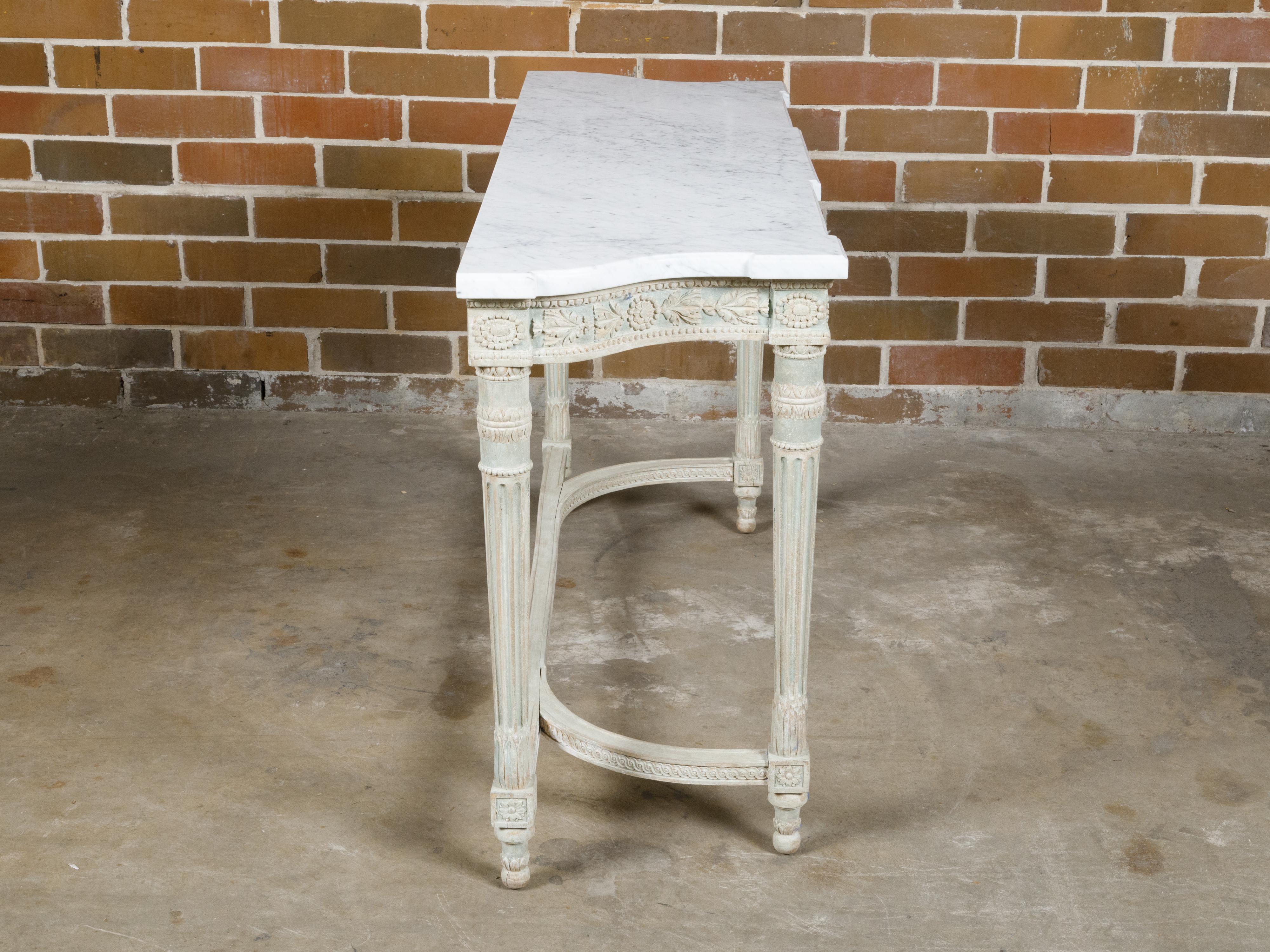 French 19th Century Painted Console Table with Carved Apron and White Marble Top For Sale 11