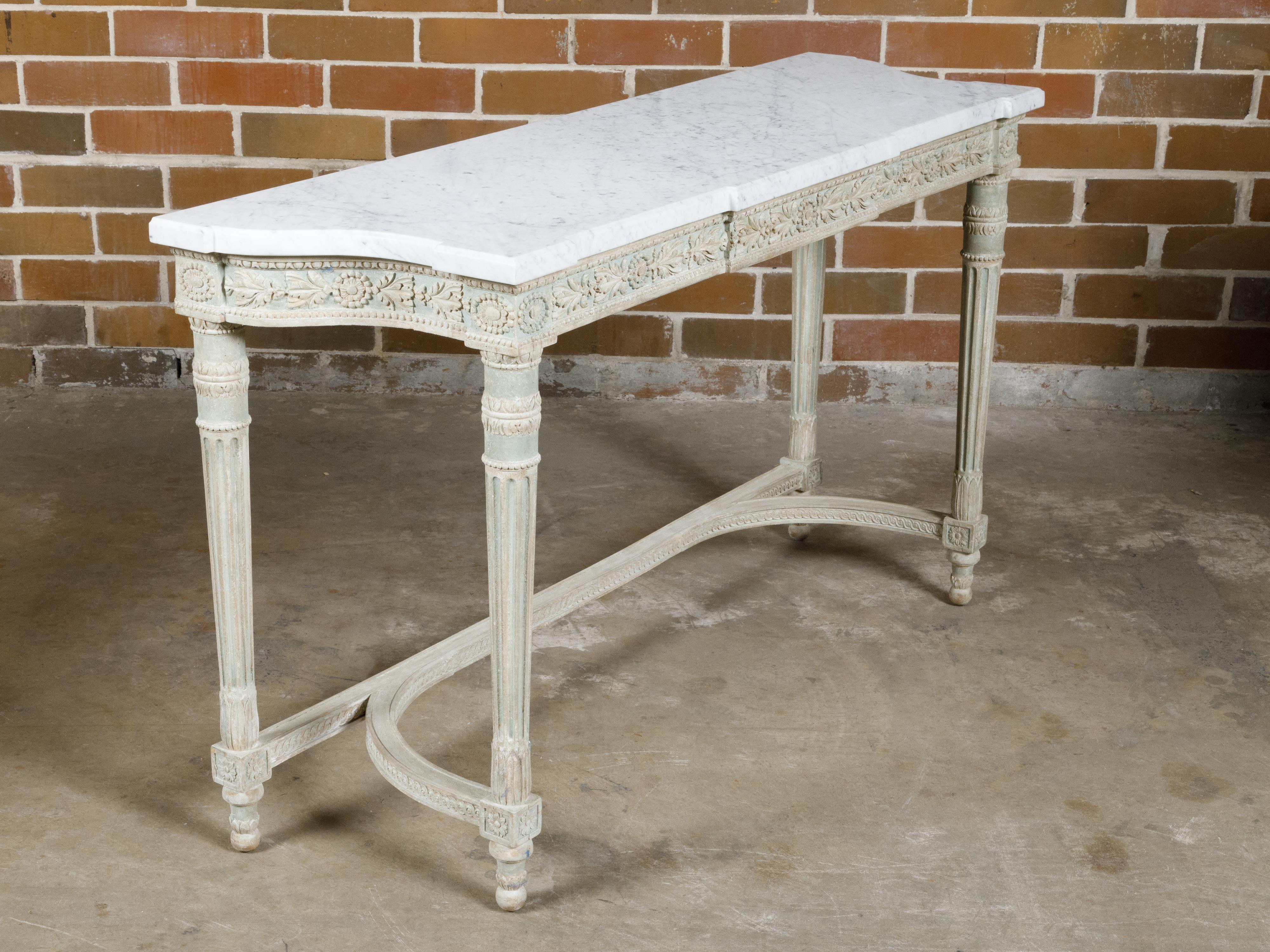 French 19th Century Painted Console Table with Carved Apron and White Marble Top For Sale 12
