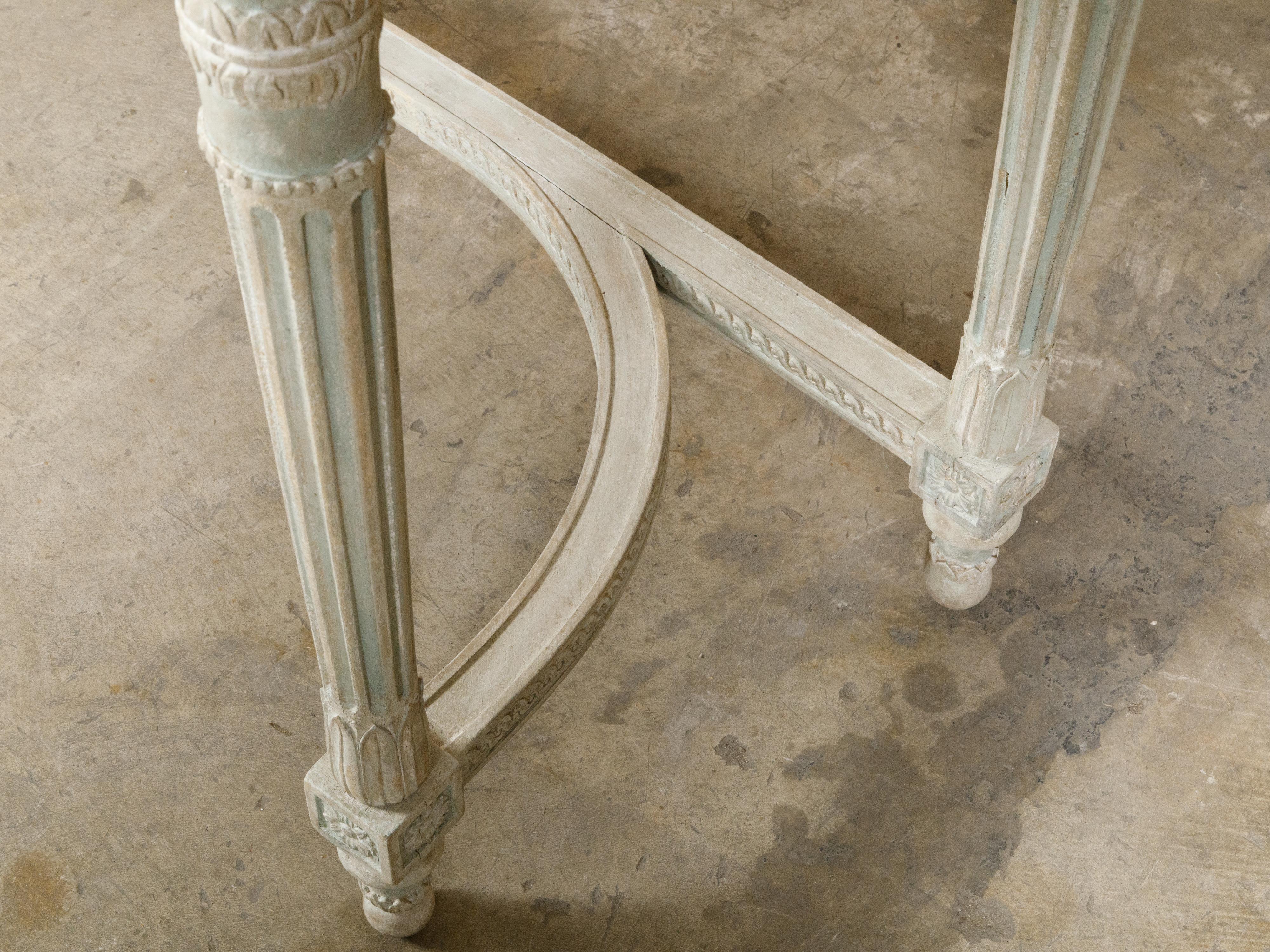 French 19th Century Painted Console Table with Carved Apron and White Marble Top For Sale 4