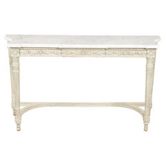 French 19th Century Painted Console Table with Carved Apron and White Marble Top