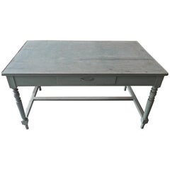French 19th Century Painted Farm Table with Middle Drawer and Centre Stretcher