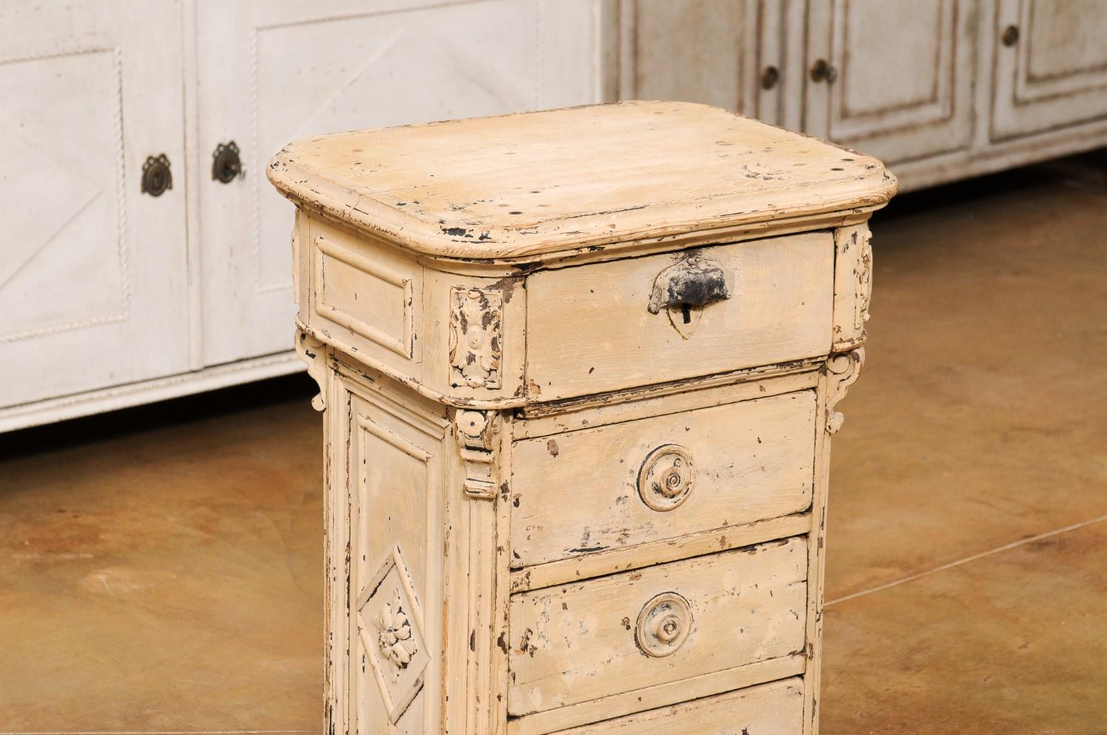 Carved French 19th Century Painted Fir Seeds Counter with Drawers and Distressed Patina