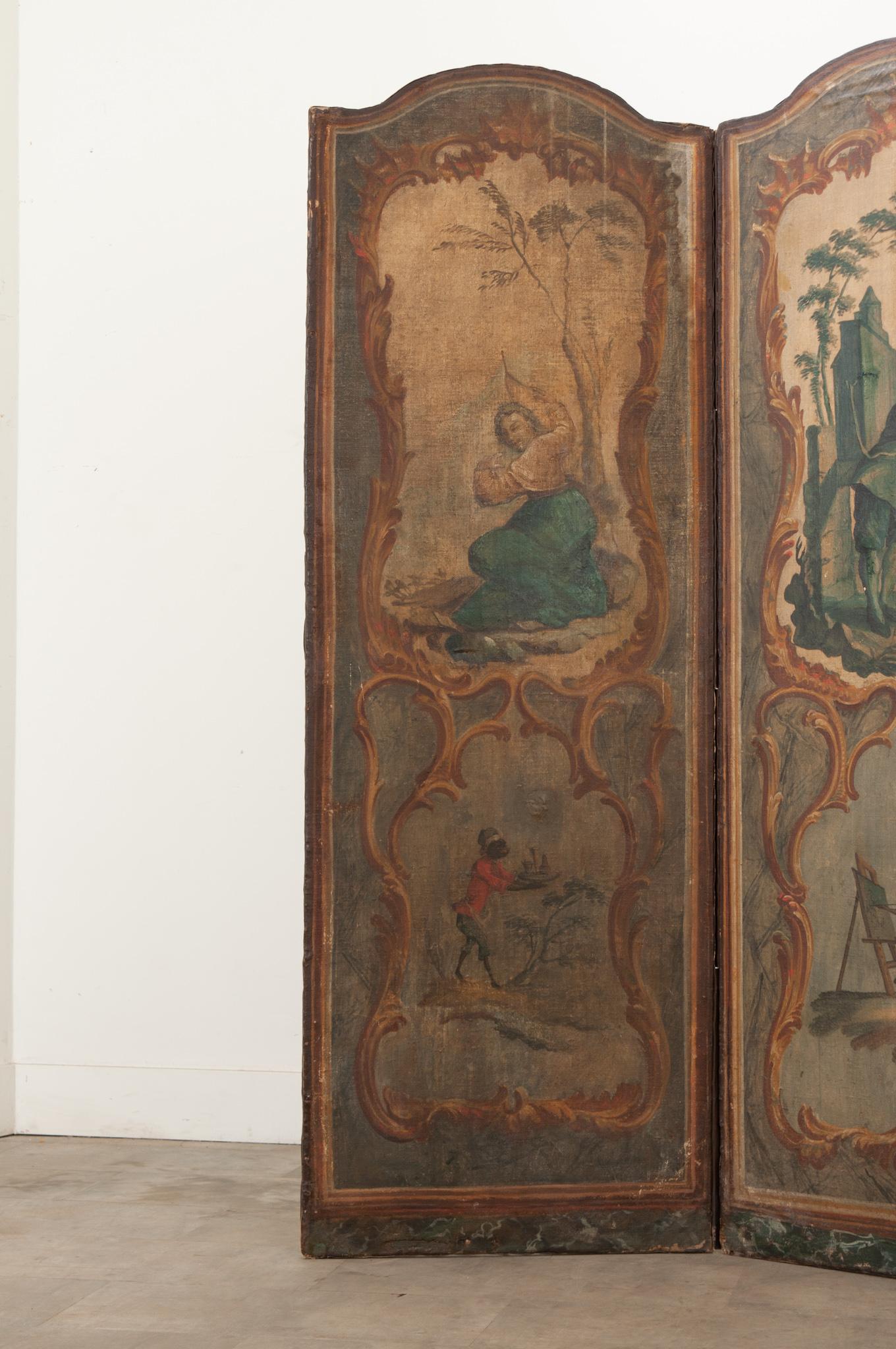 Hand-Carved French 19th Century Painted Folding Screen For Sale