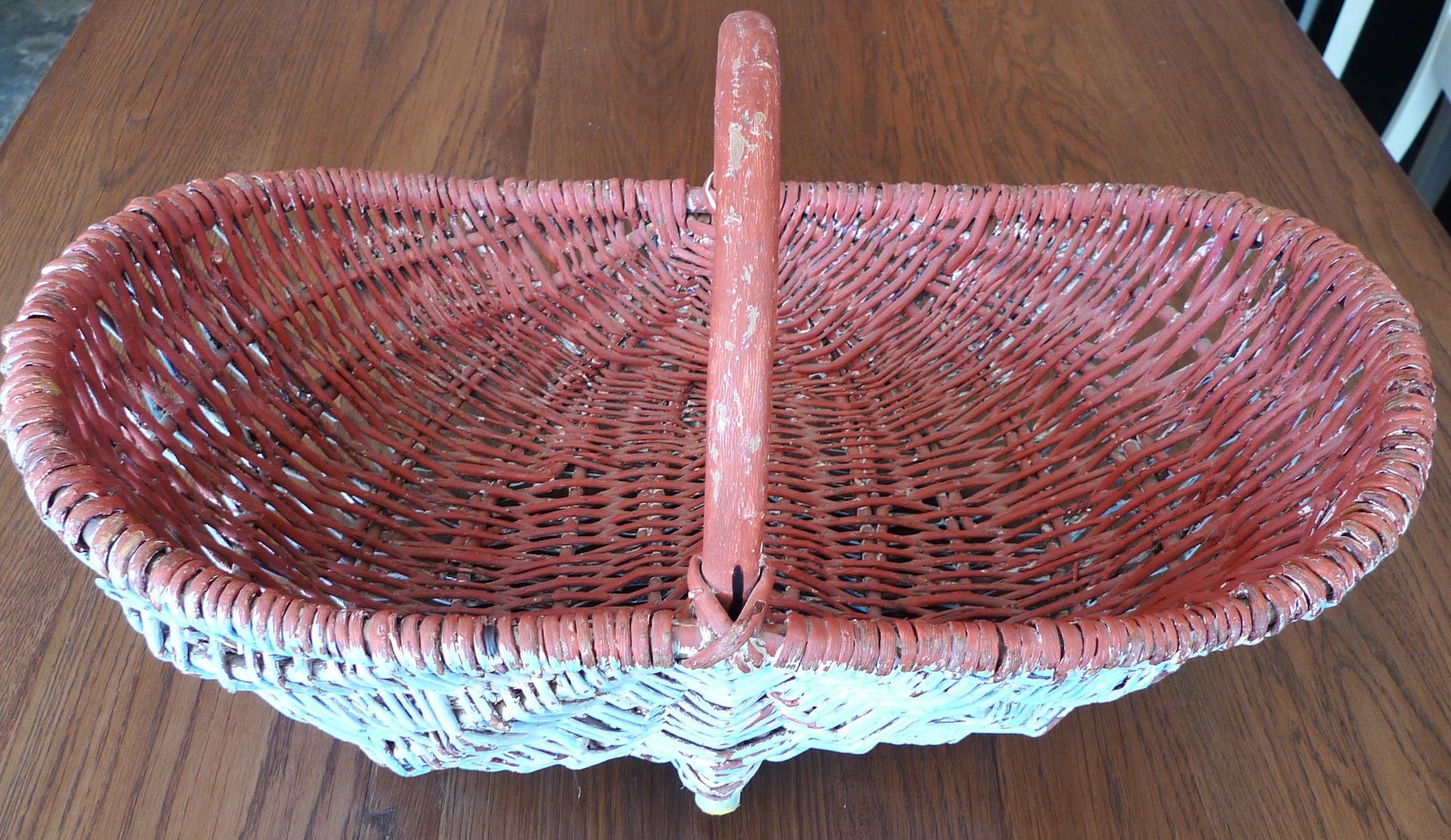 Hand-Painted French 19th Century Painted Fruit and Vegetable Wicker Basket with Handle