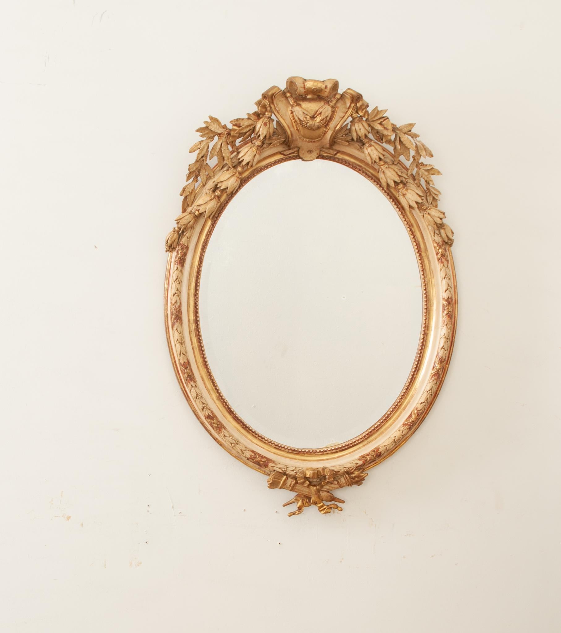 Louis XVI French 19th Century Painted & Gilt Oval Mirror For Sale