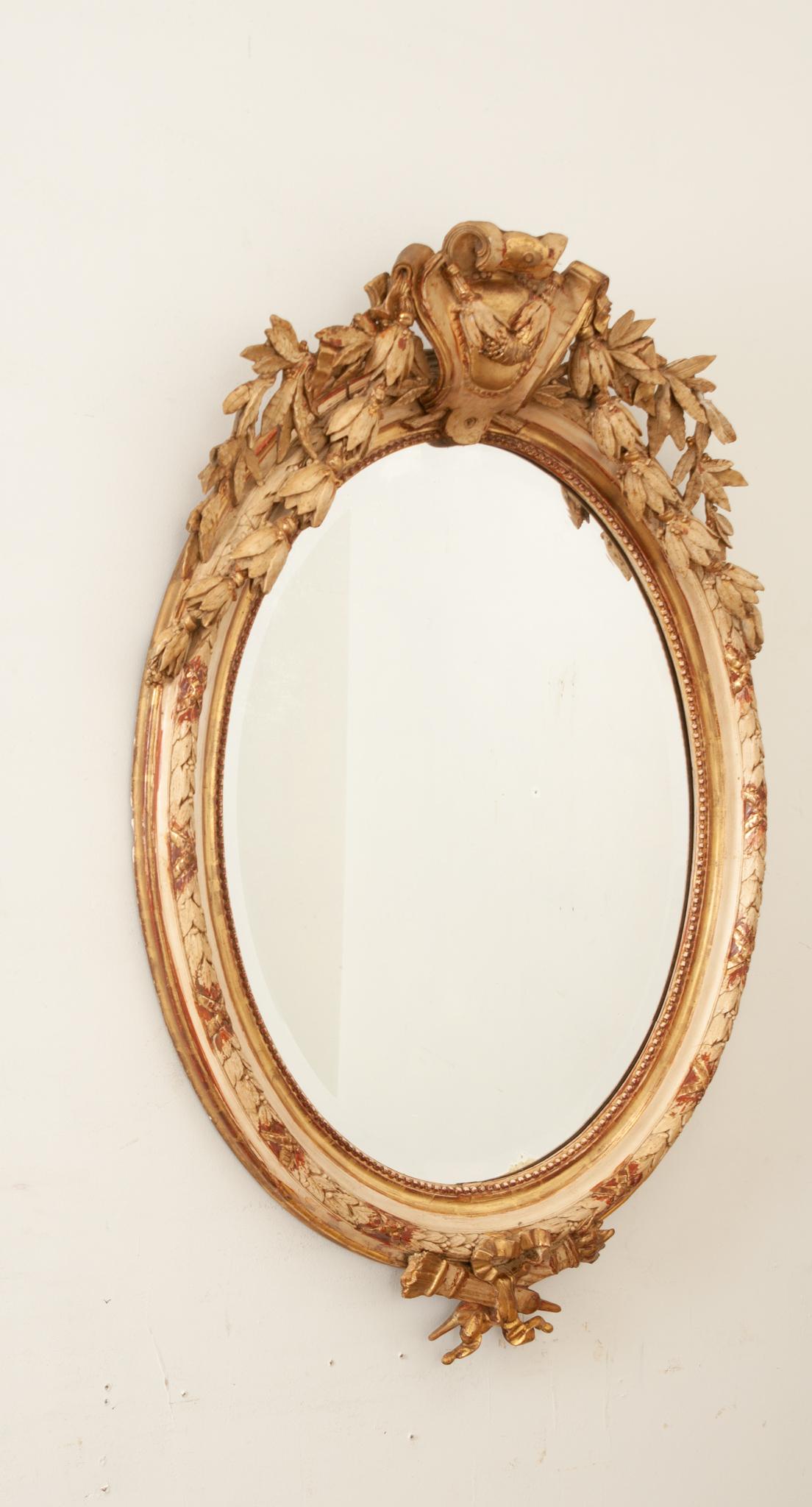 French 19th Century Painted & Gilt Oval Mirror For Sale 4