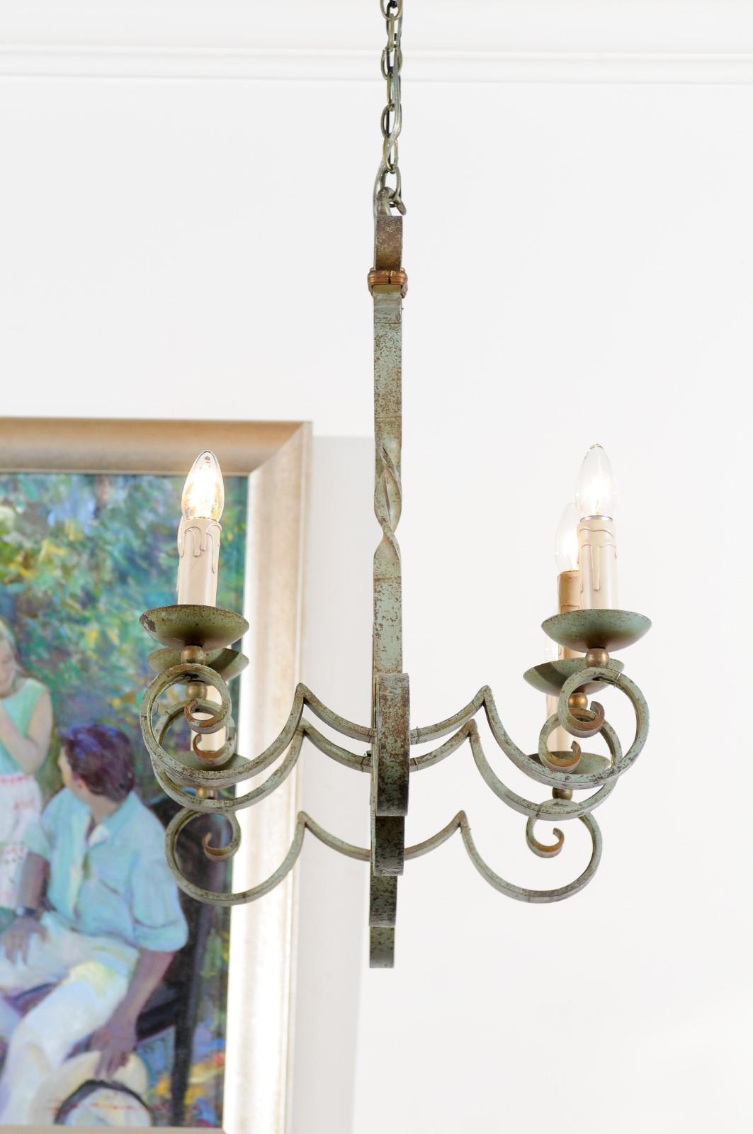 French 19th century Painted Iron Six-Light Chandelier with Scrolling Arms In Good Condition In Atlanta, GA