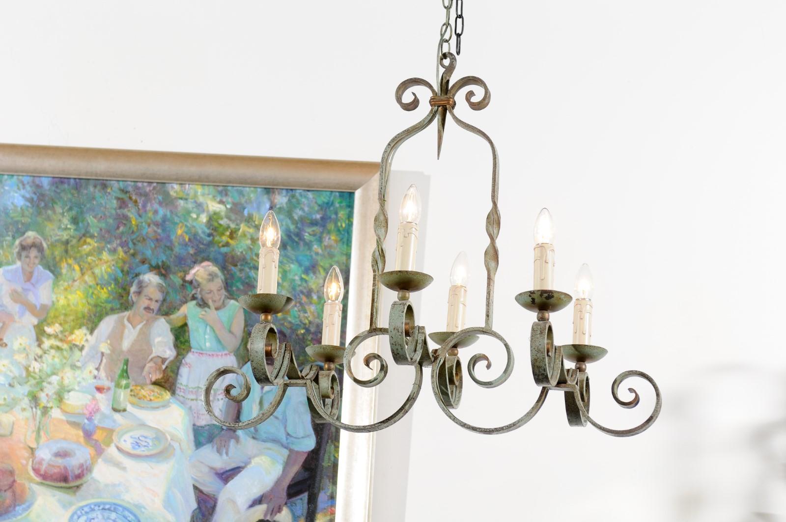 French 19th century Painted Iron Six-Light Chandelier with Scrolling Arms 1
