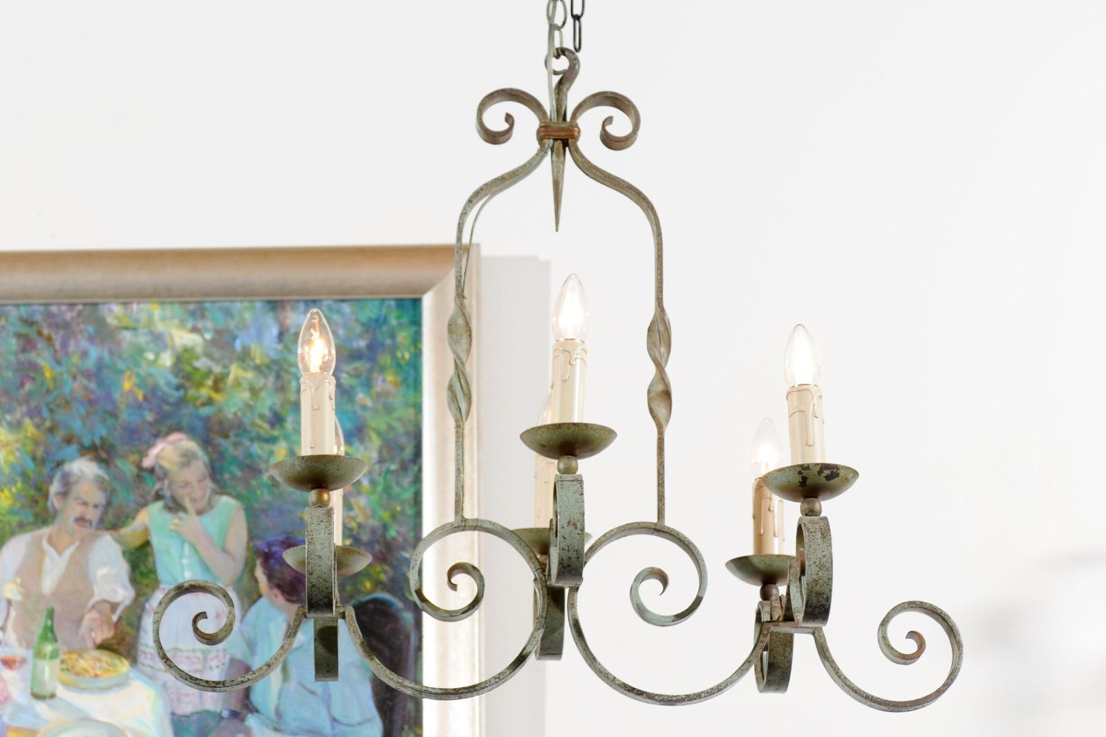 French 19th century Painted Iron Six-Light Chandelier with Scrolling Arms 2