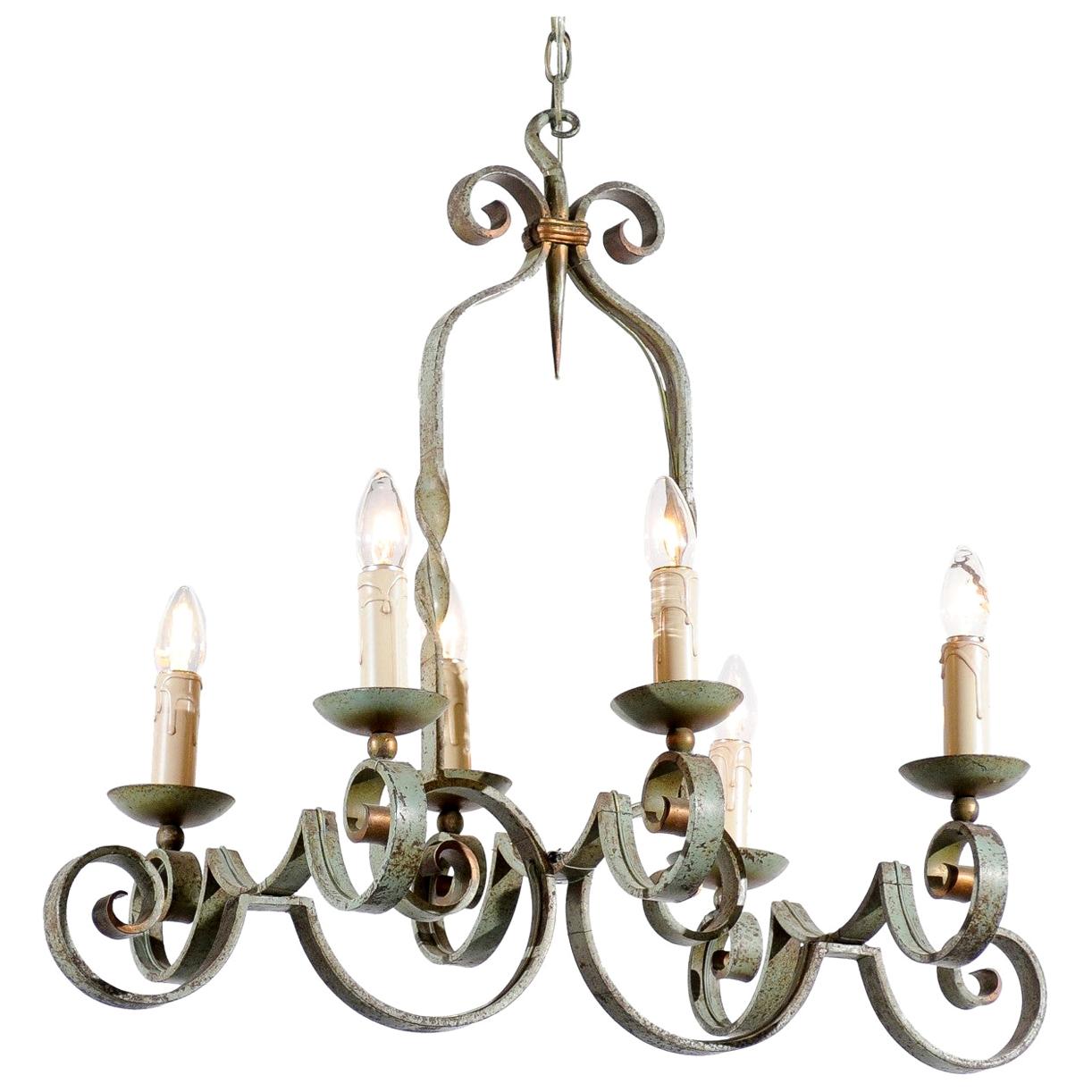 French 19th century Painted Iron Six-Light Chandelier with Scrolling Arms
