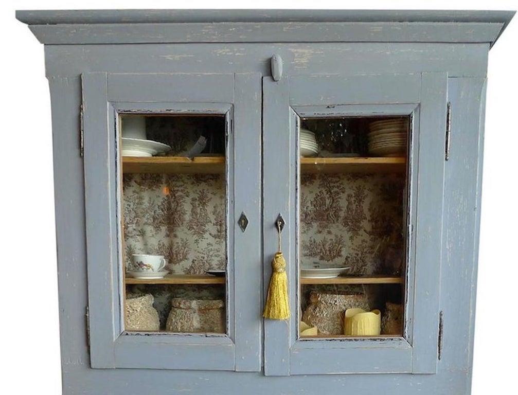 French 19th century painted pine buffet or bookcase. Two lower solid panel doors with one shelf and three drawers. Two upper glass panel doors with and two shelves.